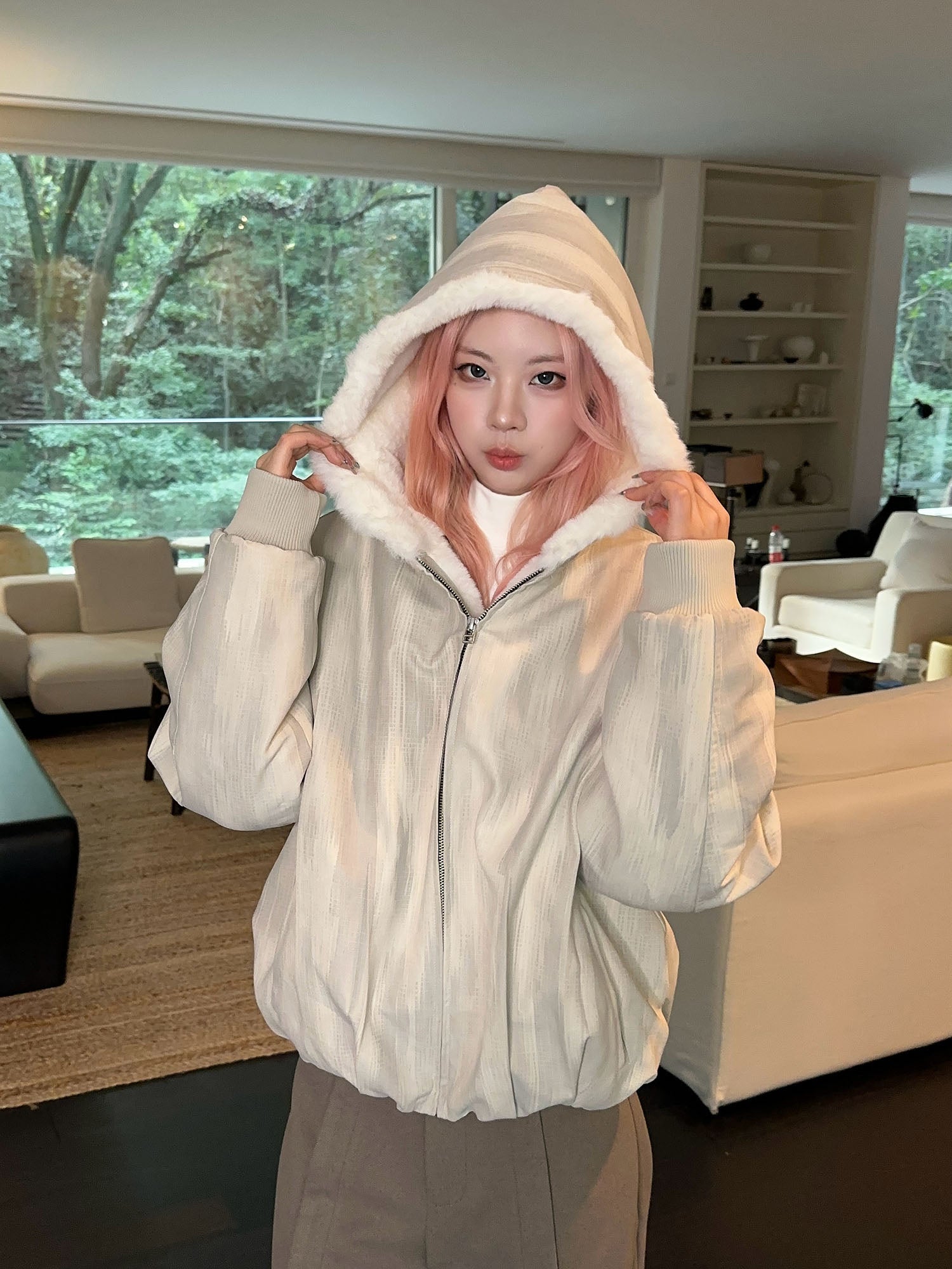 OKAYTHXBYE Faux Mink Lined Hooded Bomber Jacket