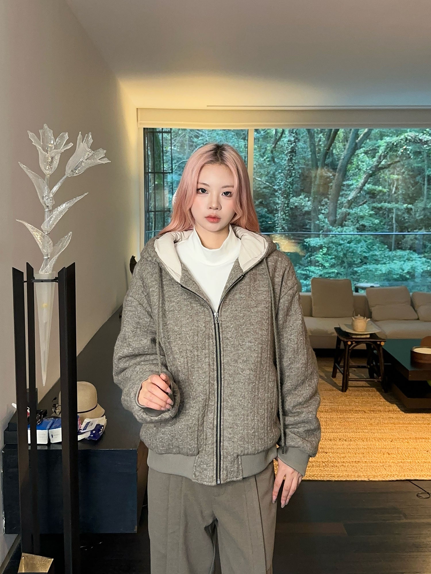 OKAYTHXBYE Wool-Filled Hooded Bomber Jacket