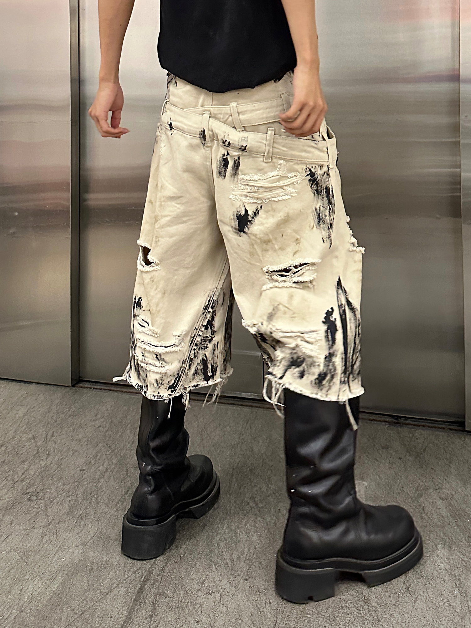 TH4SWE Painted Waxed Panel Raw-Edge Shorts
