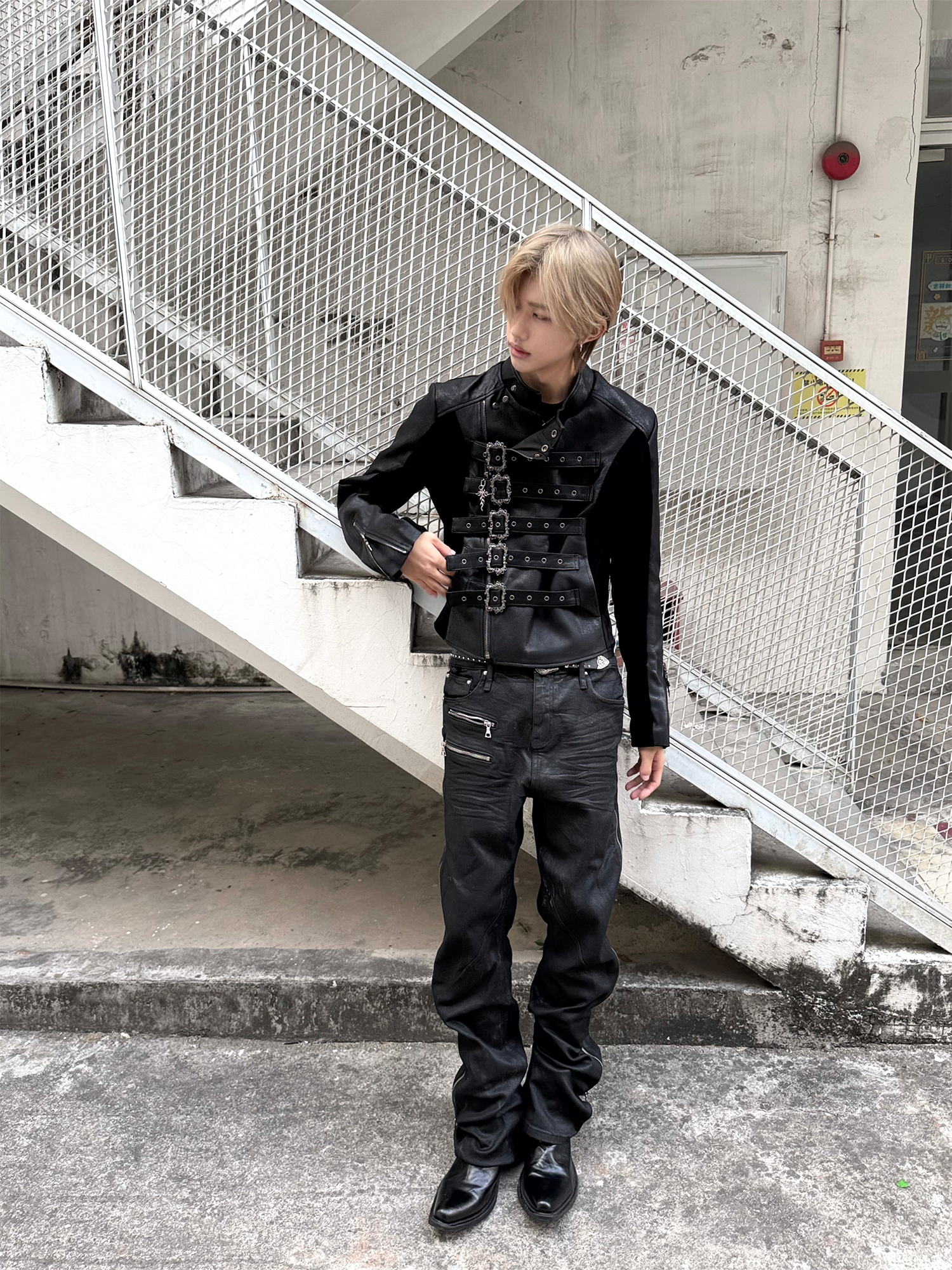 TH4SWE Retro Ornate Buckled Faux Leather Jacket
