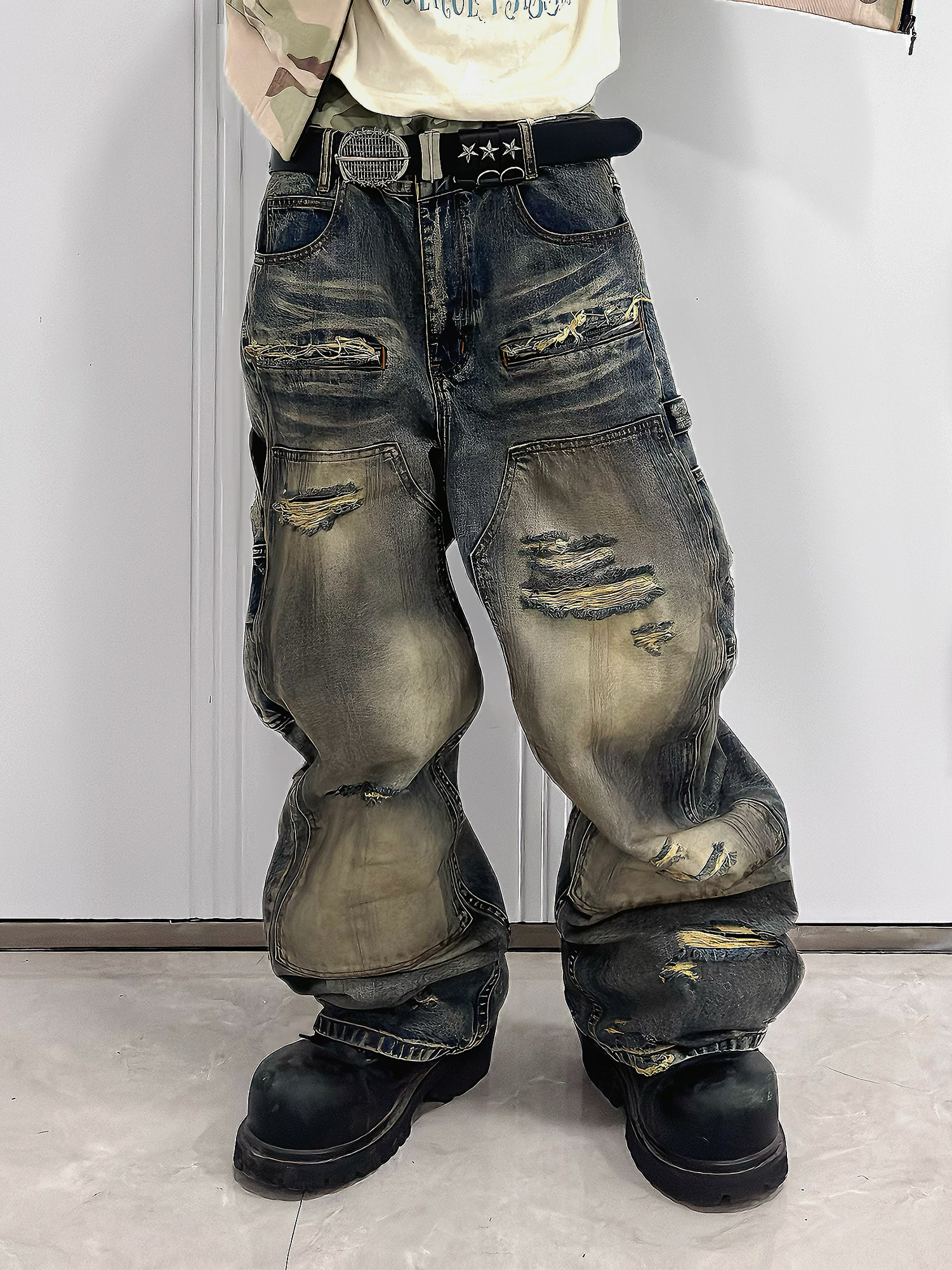 TH4SWE Distressed Heavy-Wash Wide-Leg Jeans