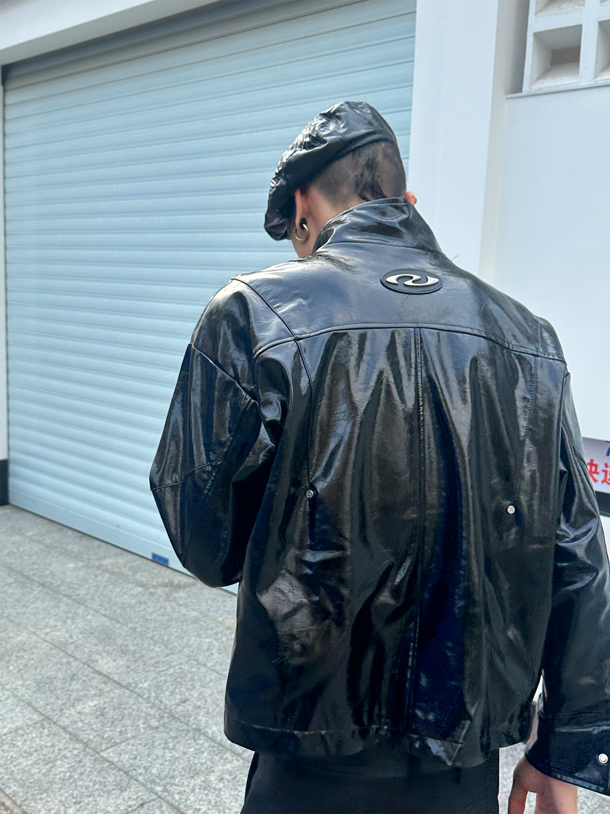 REMODUTION Glossy Faux Leather Harrington Jacket