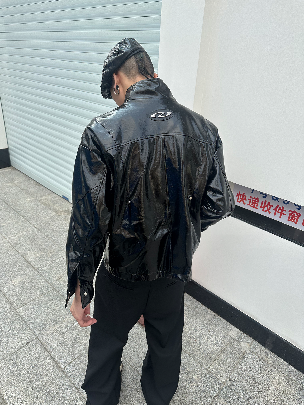 REMODUTION Glossy Faux Leather Harrington Jacket