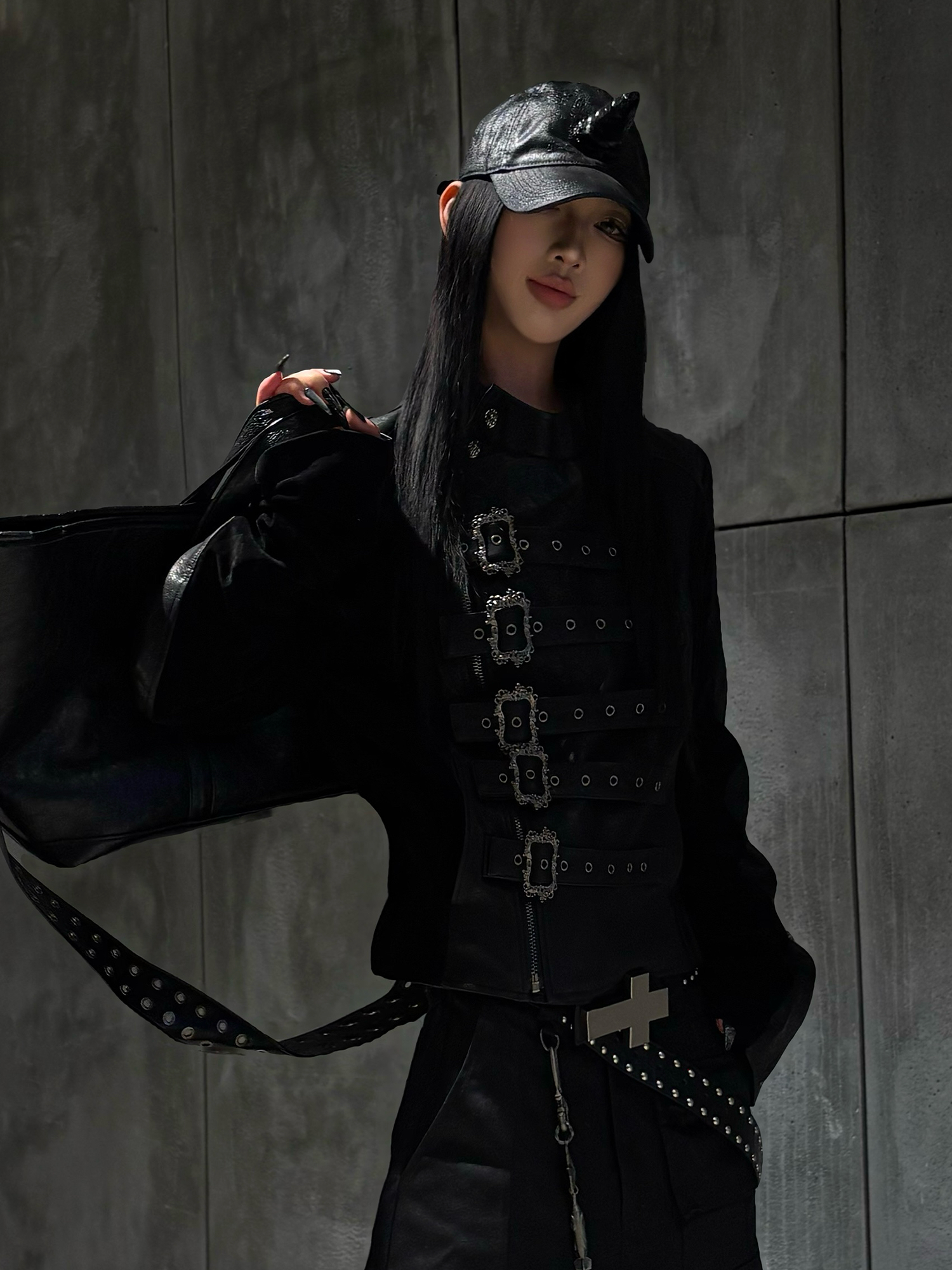 TH4SWE Retro Ornate Buckled Faux Leather Jacket