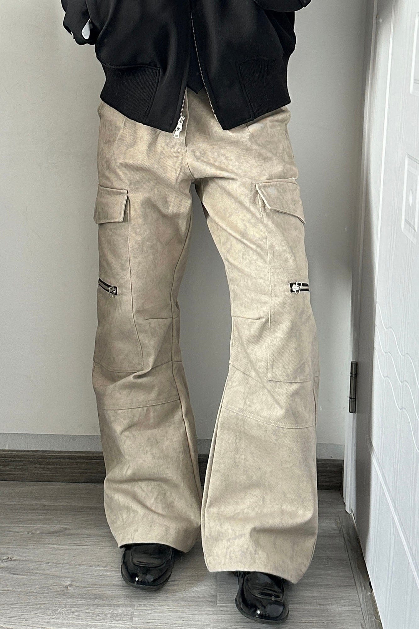 OKAYTHXBYE Muted Marble Multi-Pocket Panel Flared Cargo Pants, premium urban and streetwear designers apparel on PROJECTISR.com, OKAYTHXBYE