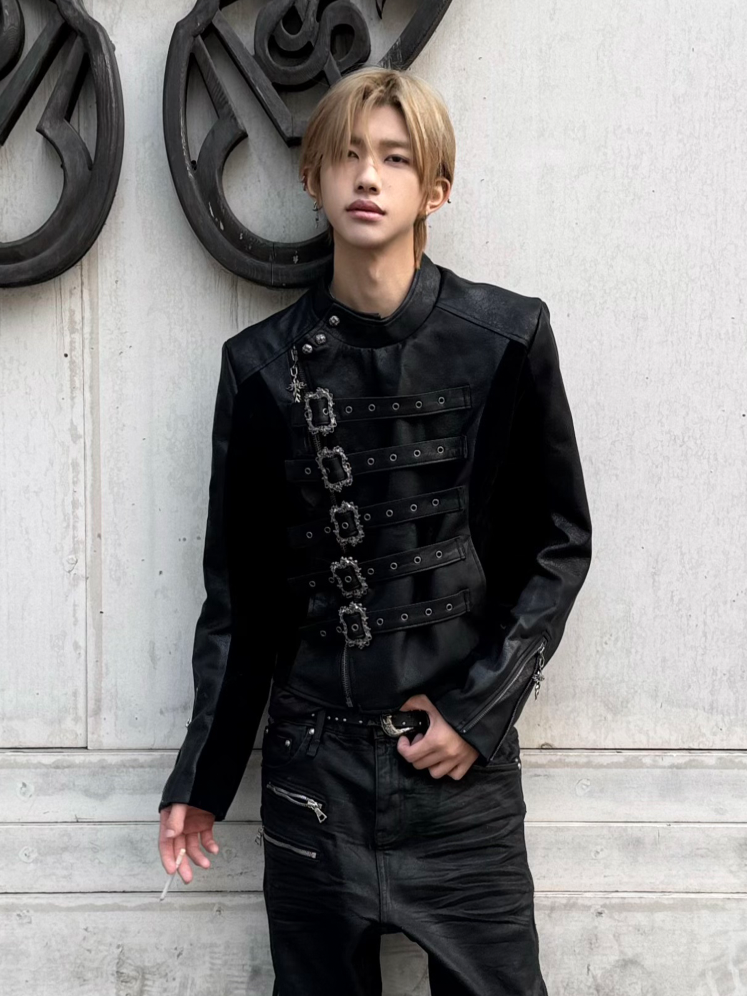 TH4SWE Retro Ornate Buckled Faux Leather Jacket