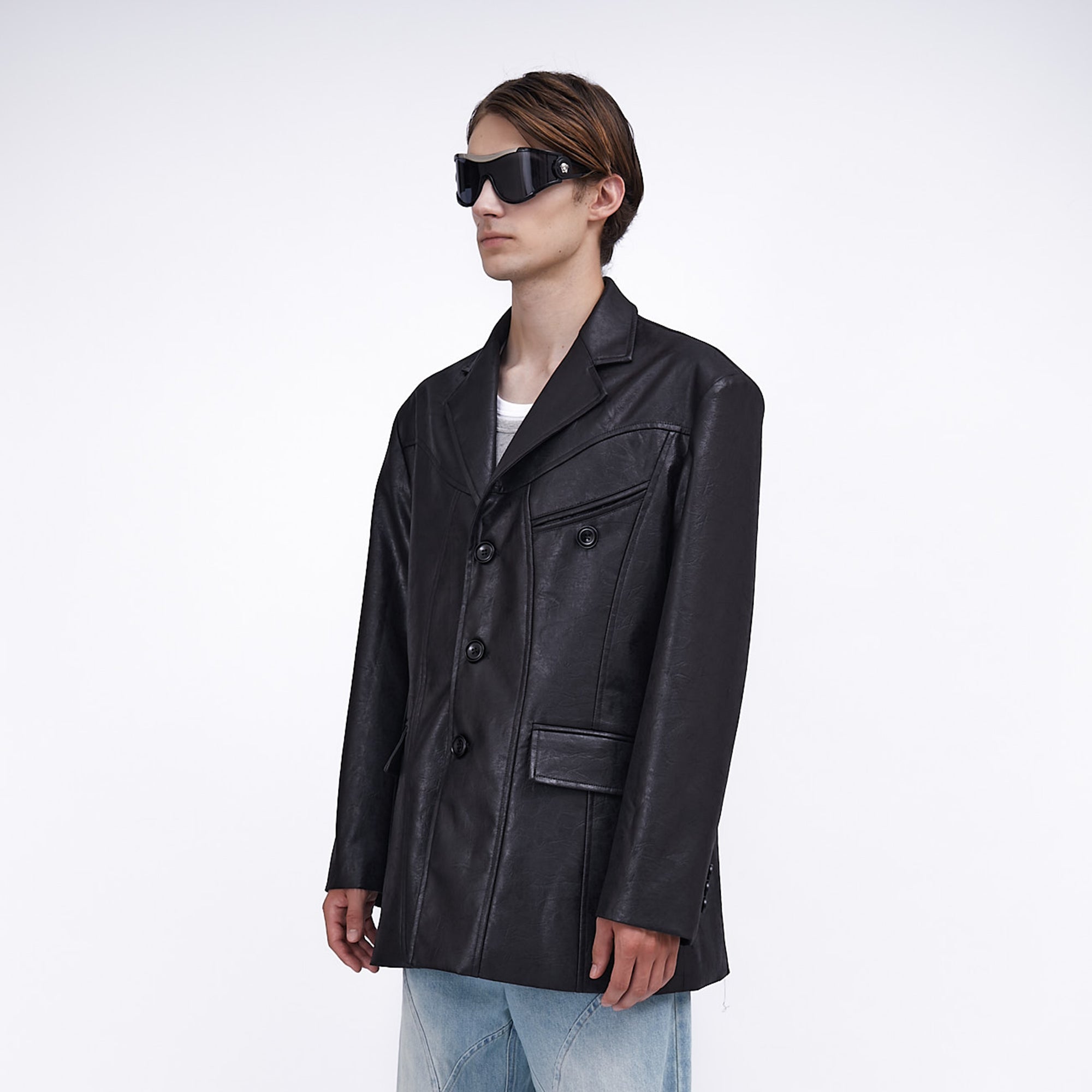 ASSEEN Oversized Faux Leather Curved Stitch Blazer