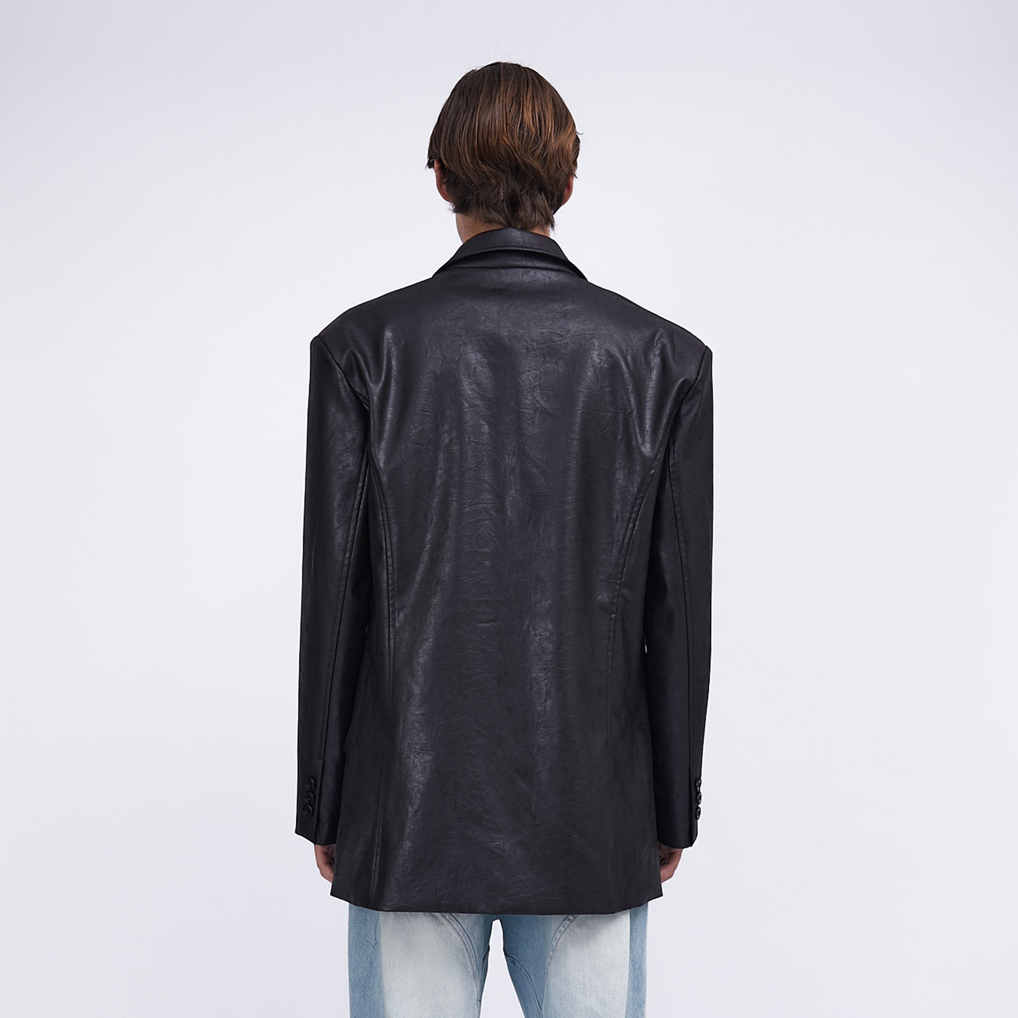 ASSEEN Oversized Faux Leather Curved Stitch Blazer