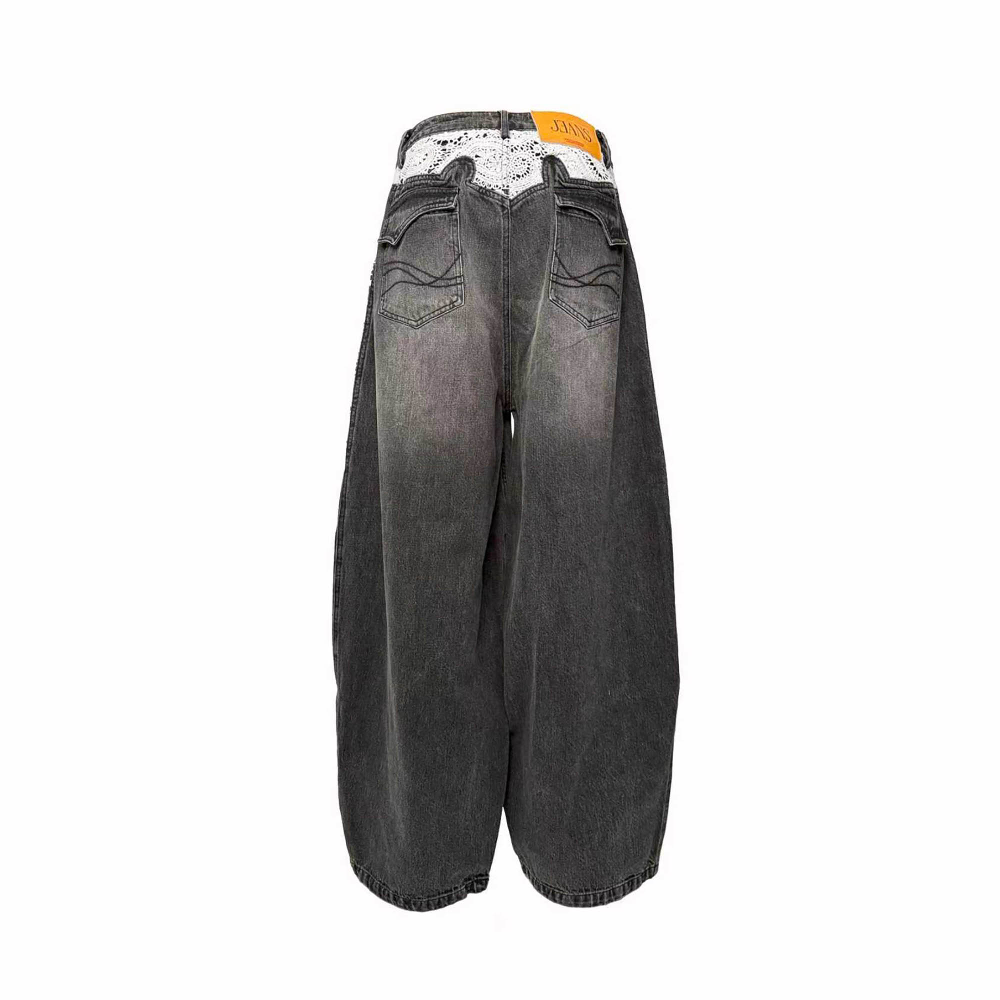 PCCVISION Lace Spliced Washed Wide-Leg Jeans