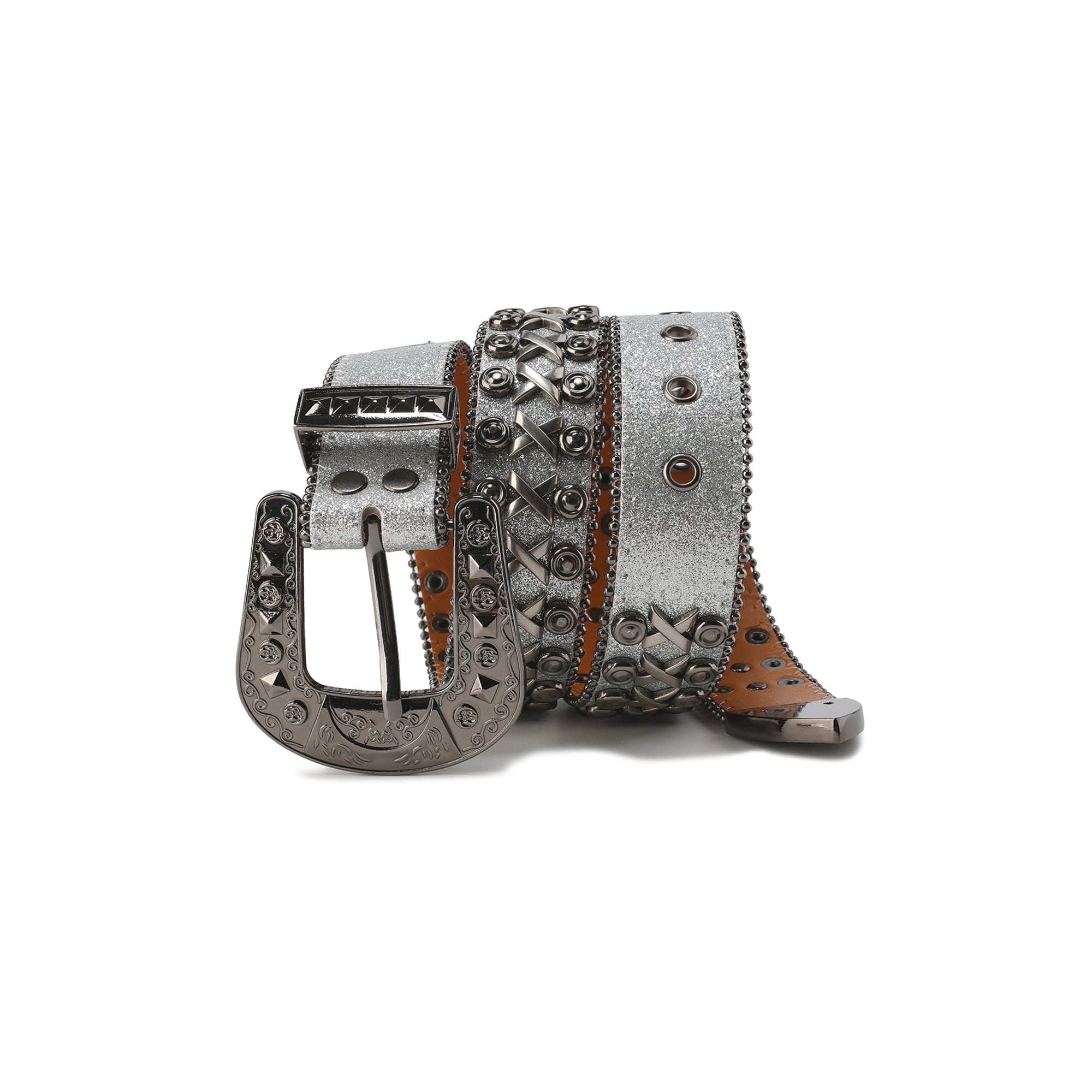 CYCYCY Cross Studded Filigree Leather Belt Gray