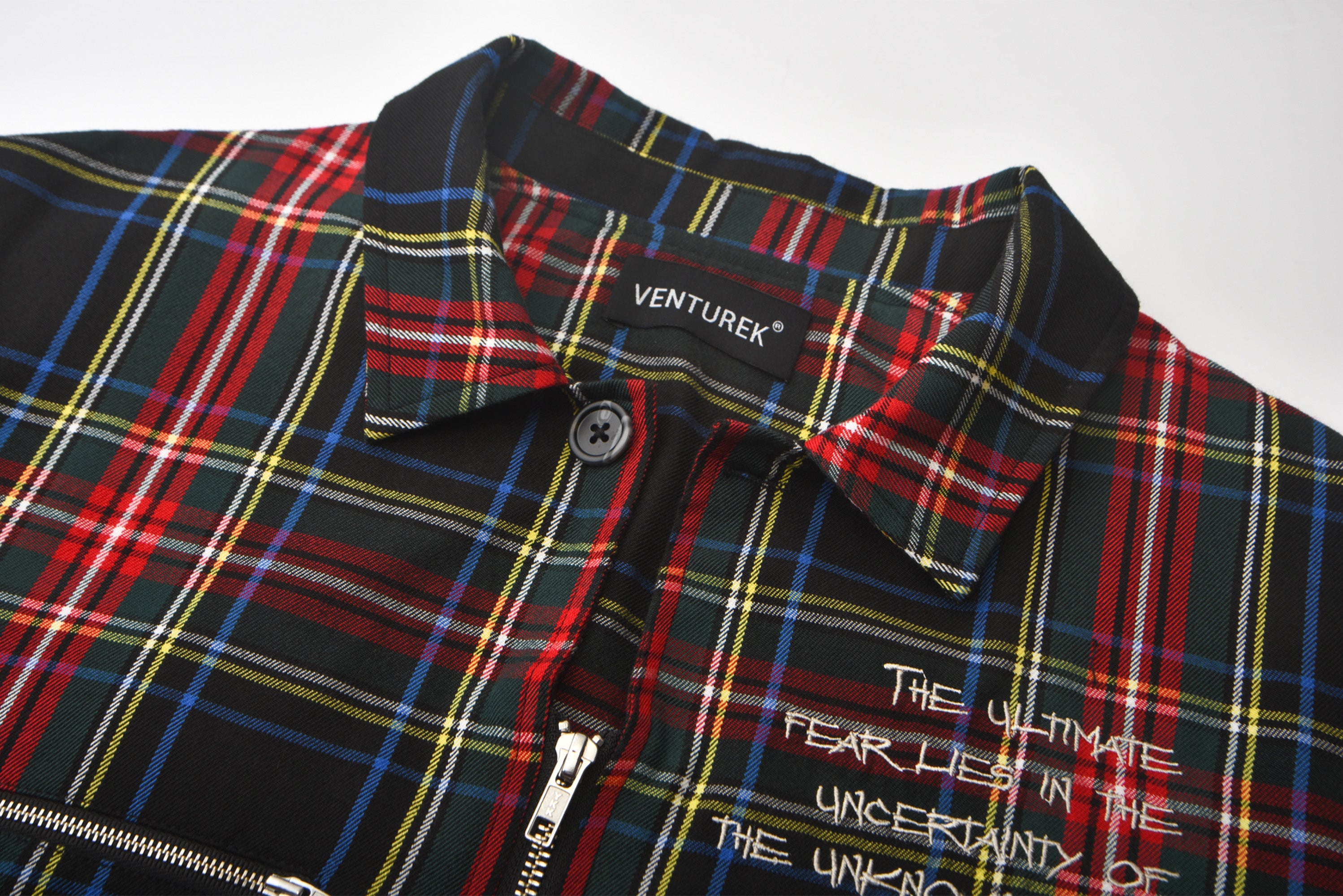 VENTUREK Punk Frayed Plaid Embroidered Jacket VENTUREK Punk Frayed Plaid Embroidered Jacket