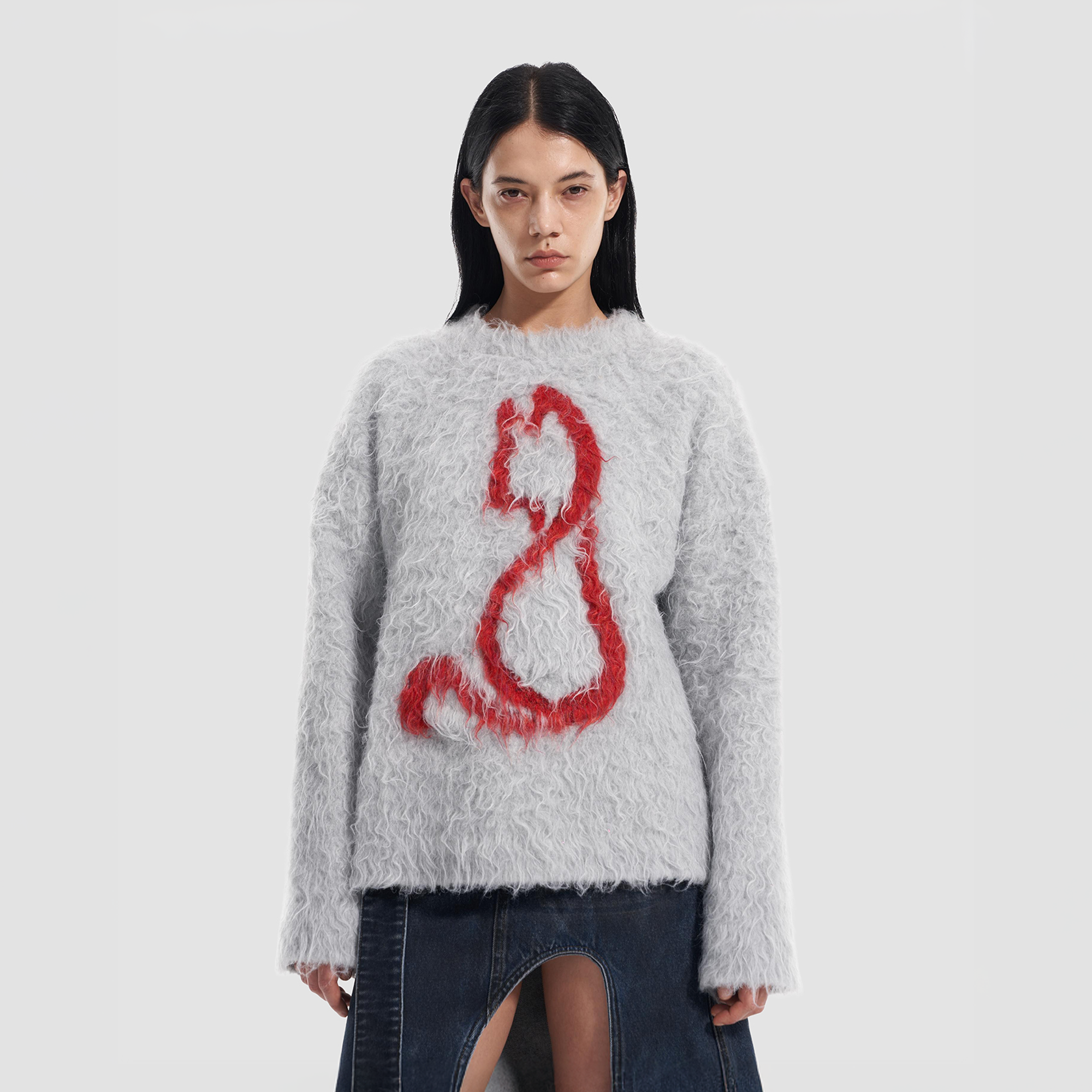 VANN VALRENCE Fuzzy Cat Intarsia Mohair Sweater