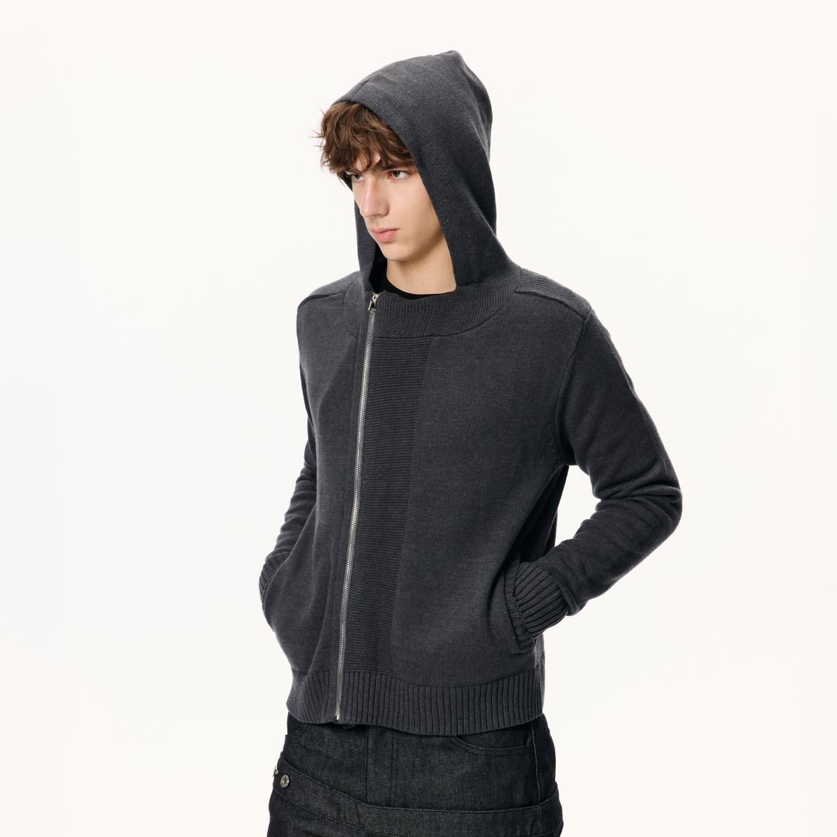 KREATE Ribbed Spliced Zip-Up Hoodie Cardigan