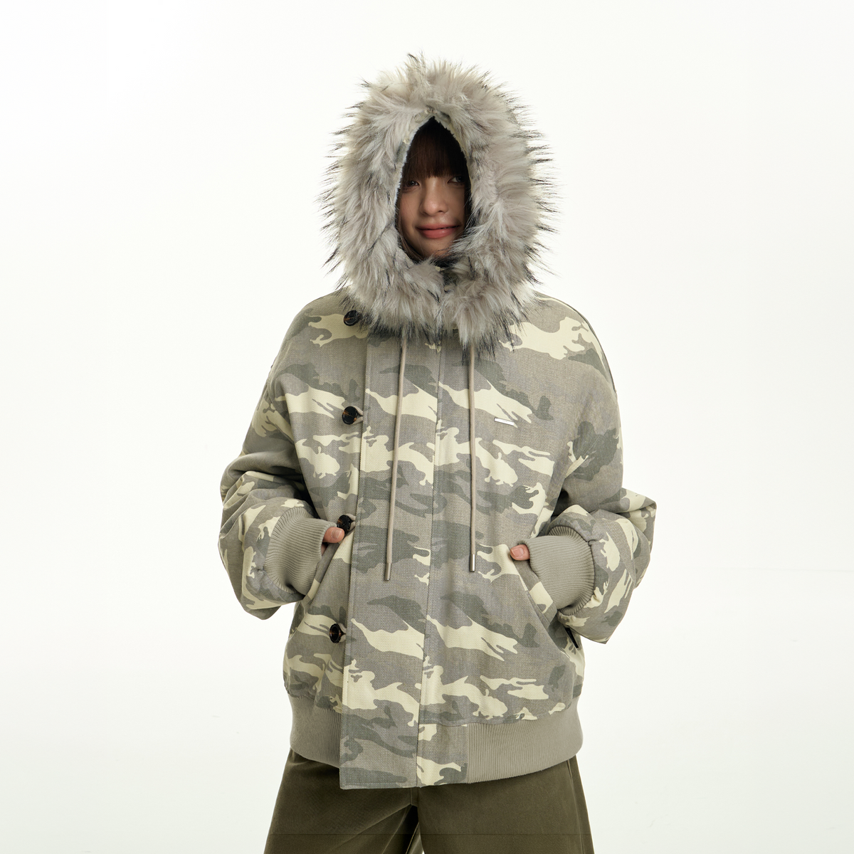TGNS Detachable Fur-Collar Hooded Padded Parka