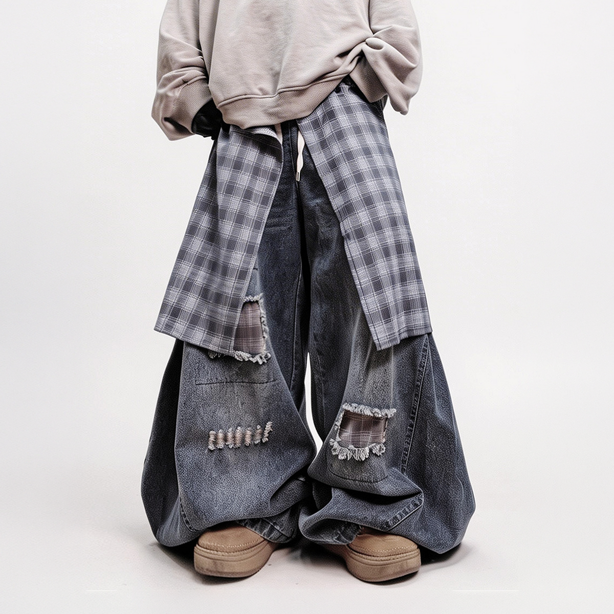 UUCSCC Distressed Layered Plaid Patch Wide-Leg Jeans