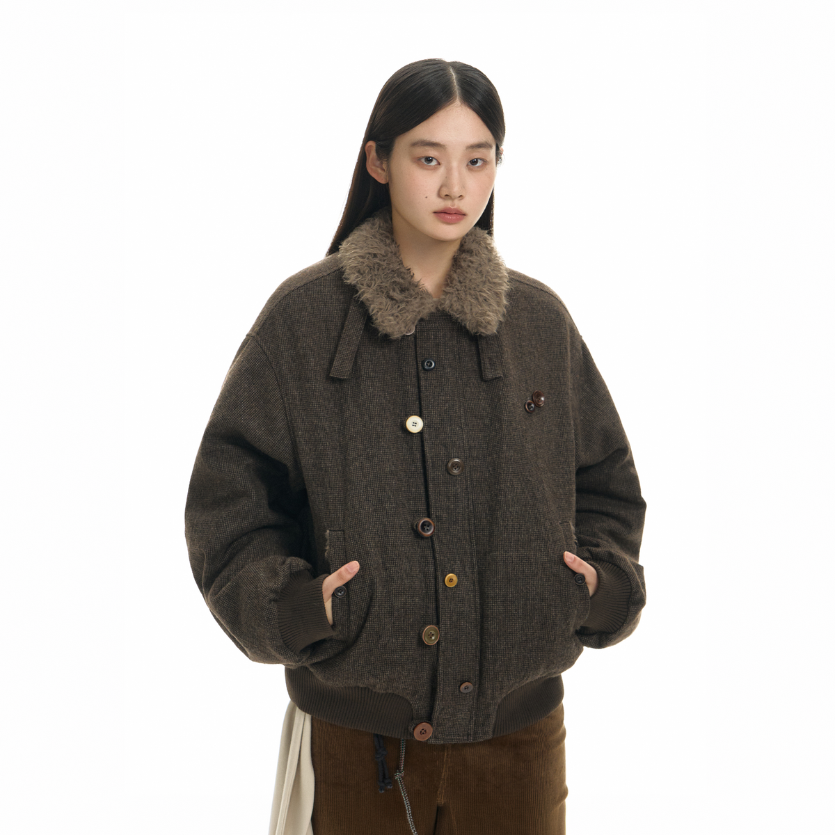 TGNS Striped Faux Fur Collar Cotton-Padded Jacket