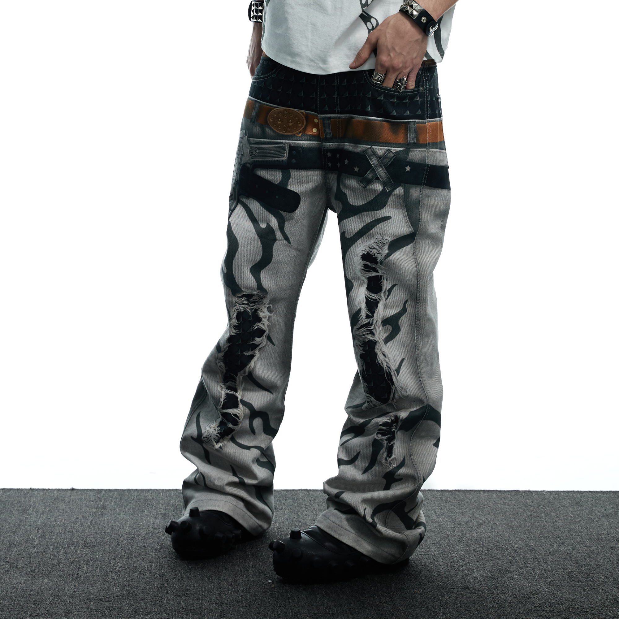 DND4DES Distressed Print Double-Waist Flare Jeans White, premium urban and streetwear designers apparel on PROJECTISR.com, DND4DES