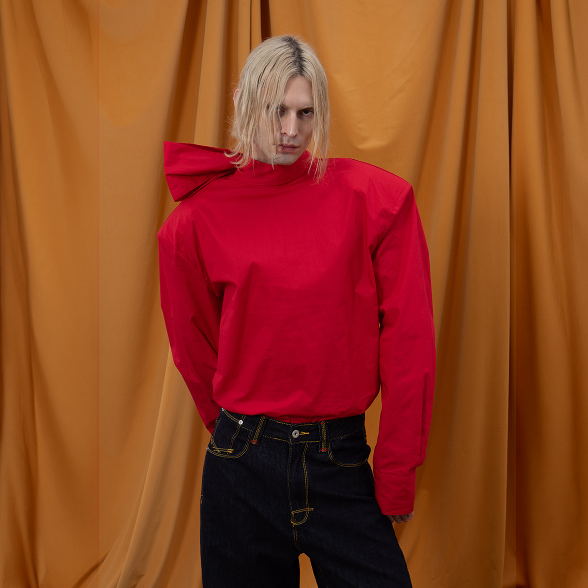 CLP Padded-Shoulder Tie-Back Mandarin Collar Shirt