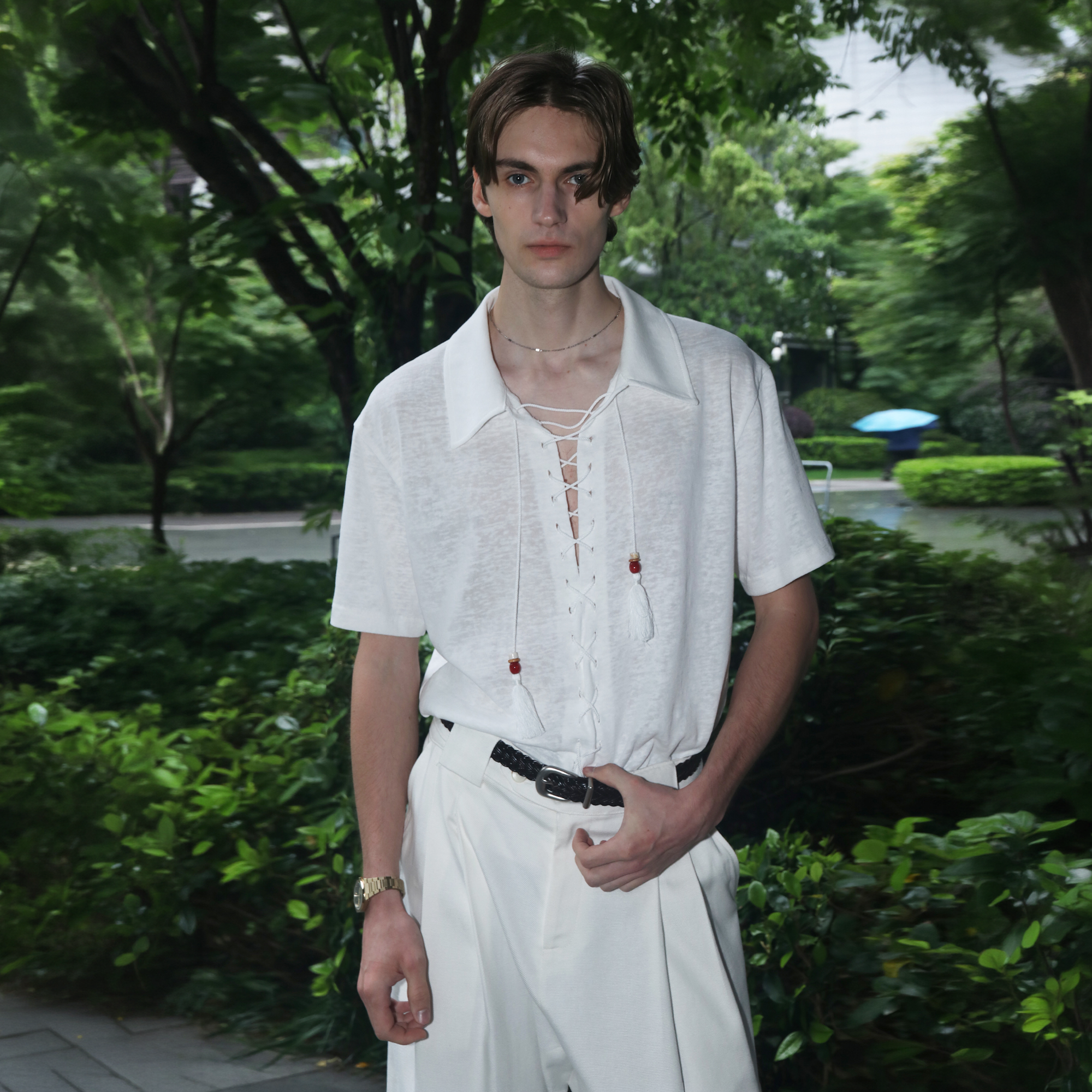 ASSEEN Tassel Lace-Up Short-Sleeve Polo Tee