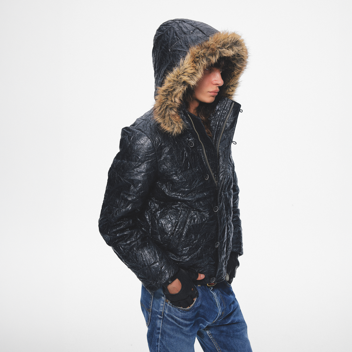 TRECLUB Crinkled Faux Leather Fur-Collar Hooded Jacket, premium urban and streetwear designers apparel on PROJECTISR.com, TRECLUB