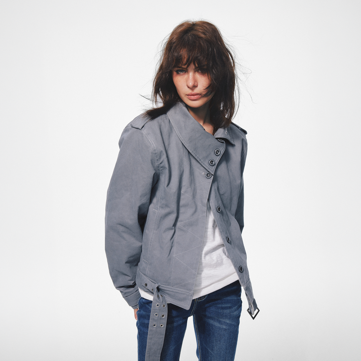 TRECLUB Retro Belted Eyelet Lapel Cotton-Padded Jacket, premium urban and streetwear designers apparel on PROJECTISR.com, TRECLUB