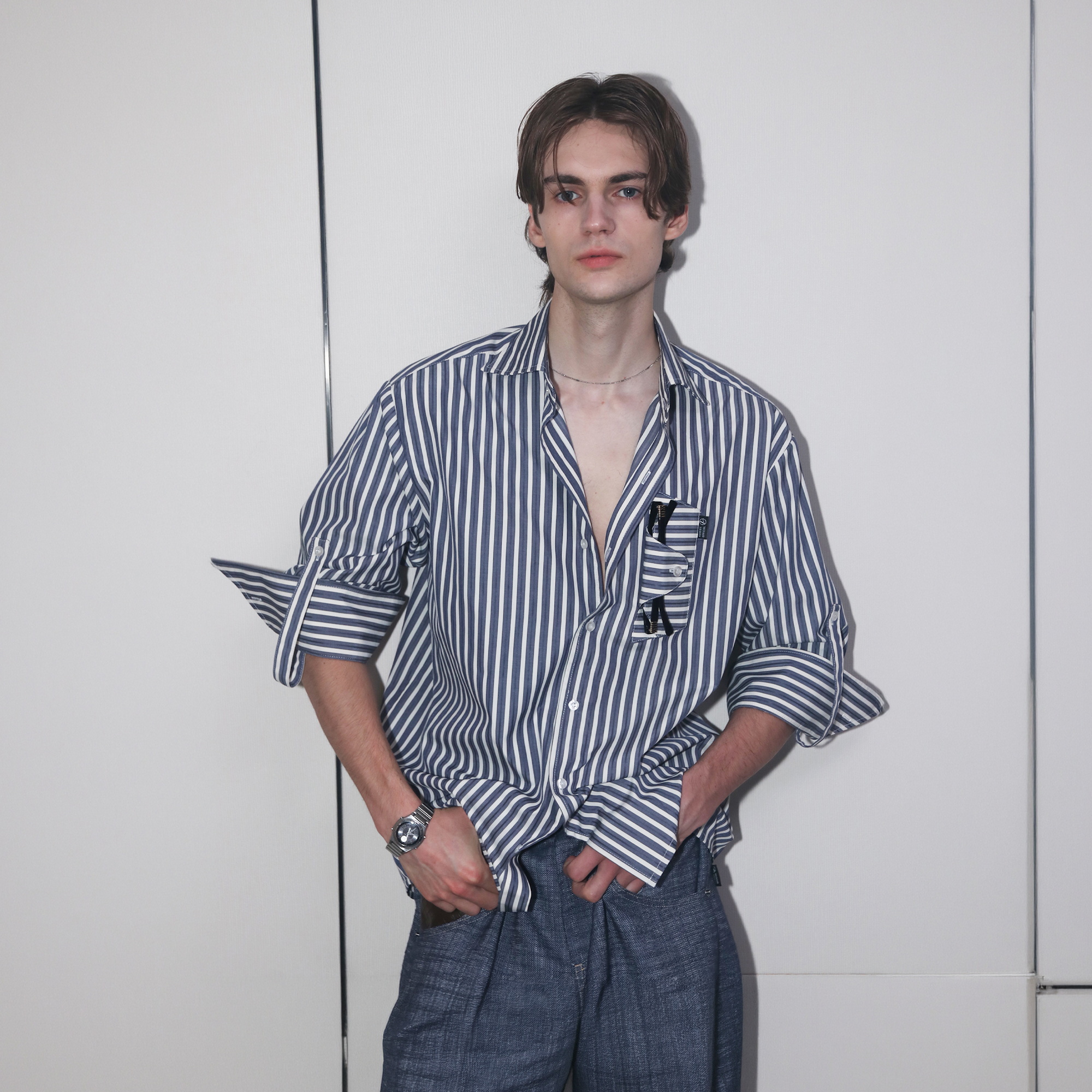 ASSEEN Striped Glasses Pocket Half Shirt Blue