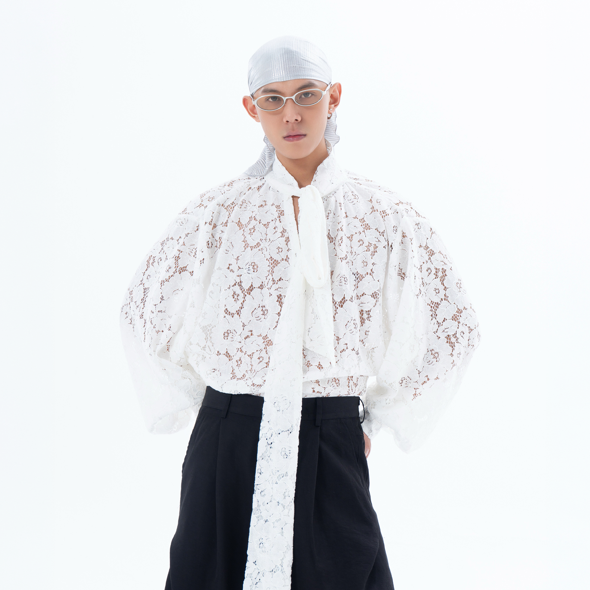 CLP Floral Lace Tie-Neck Shirt