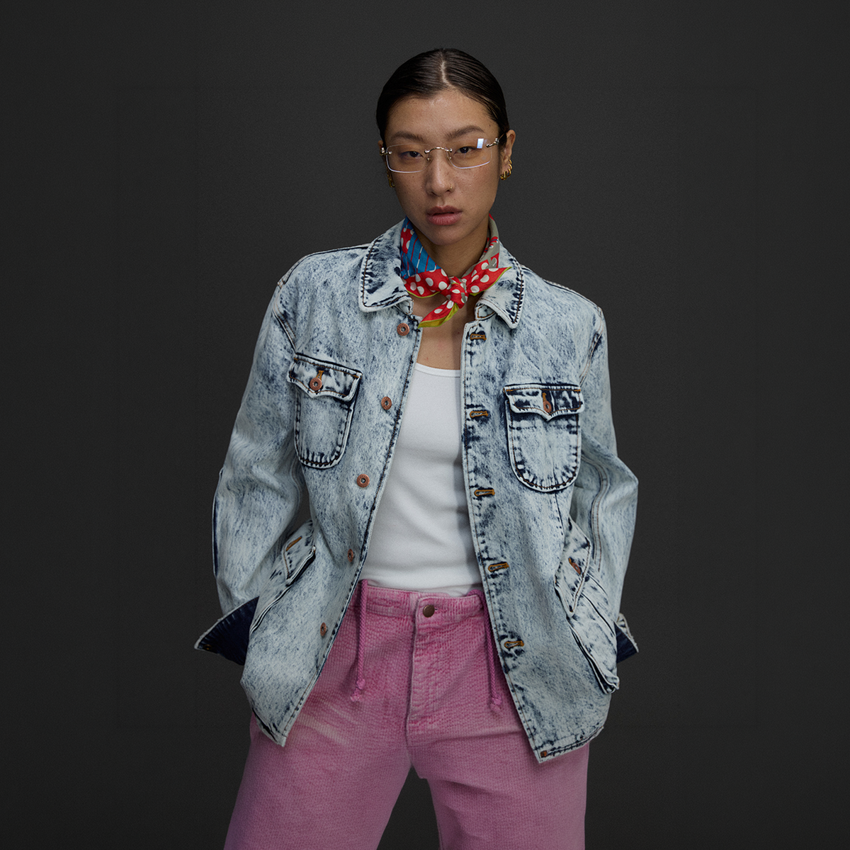 NIANJIUYIKOUER Snow-Washed Stand-Collar Denim Workwear Jacket