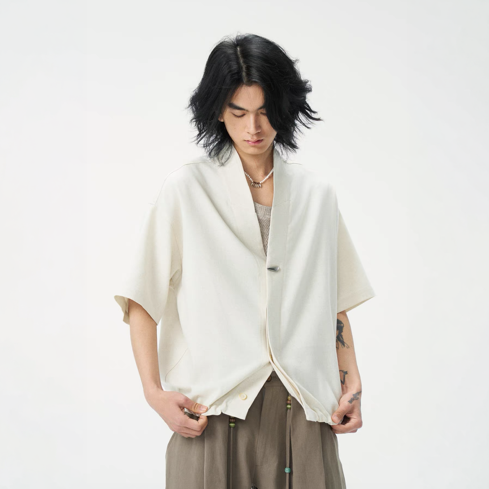 GONGHE REPUB Tencel-Linen Open-Collar Shirt, premium urban and streetwear designers apparel on PROJECTISR.com, GONGHE REPUB