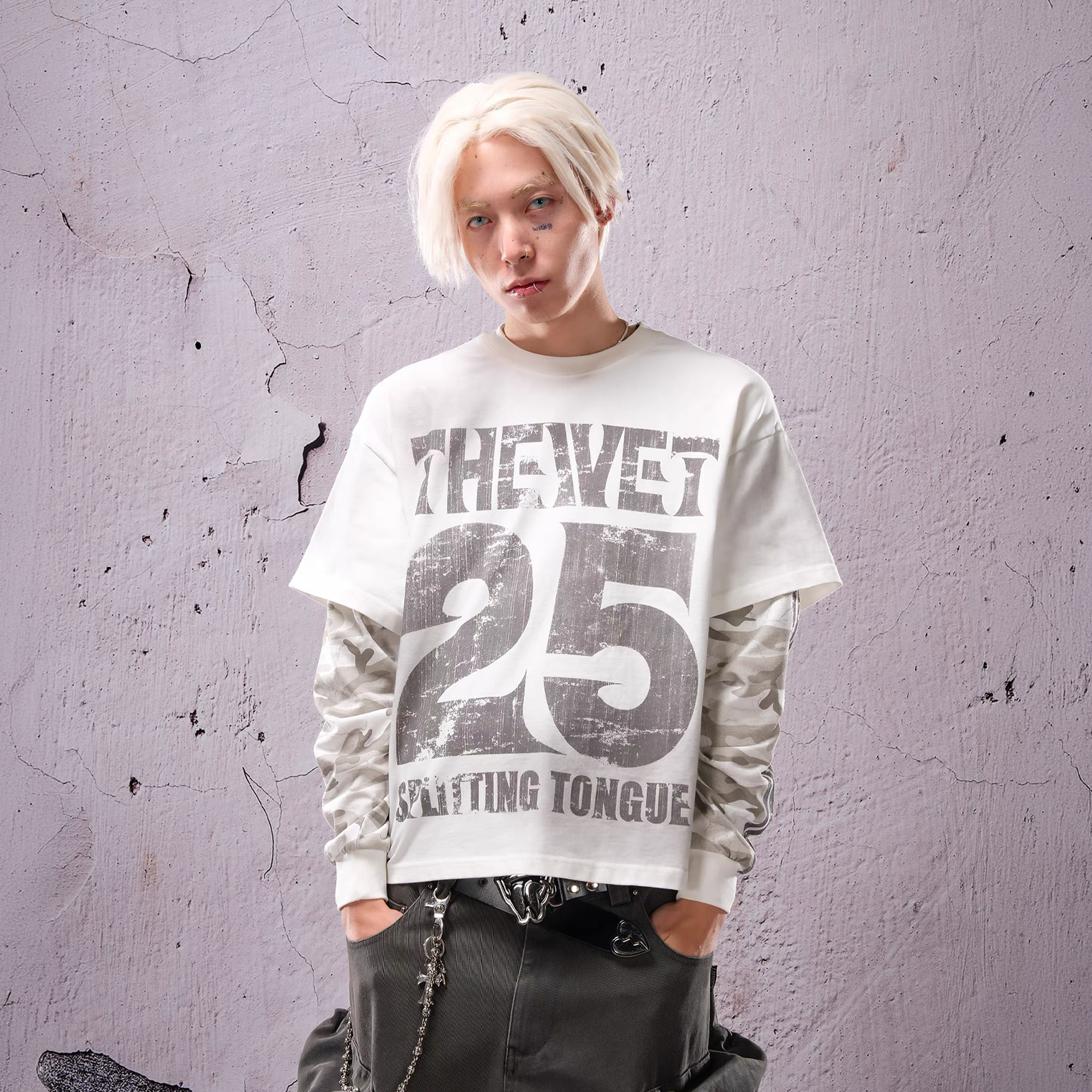 THEWET Camo Washed Layered Long-Sleeve Tee