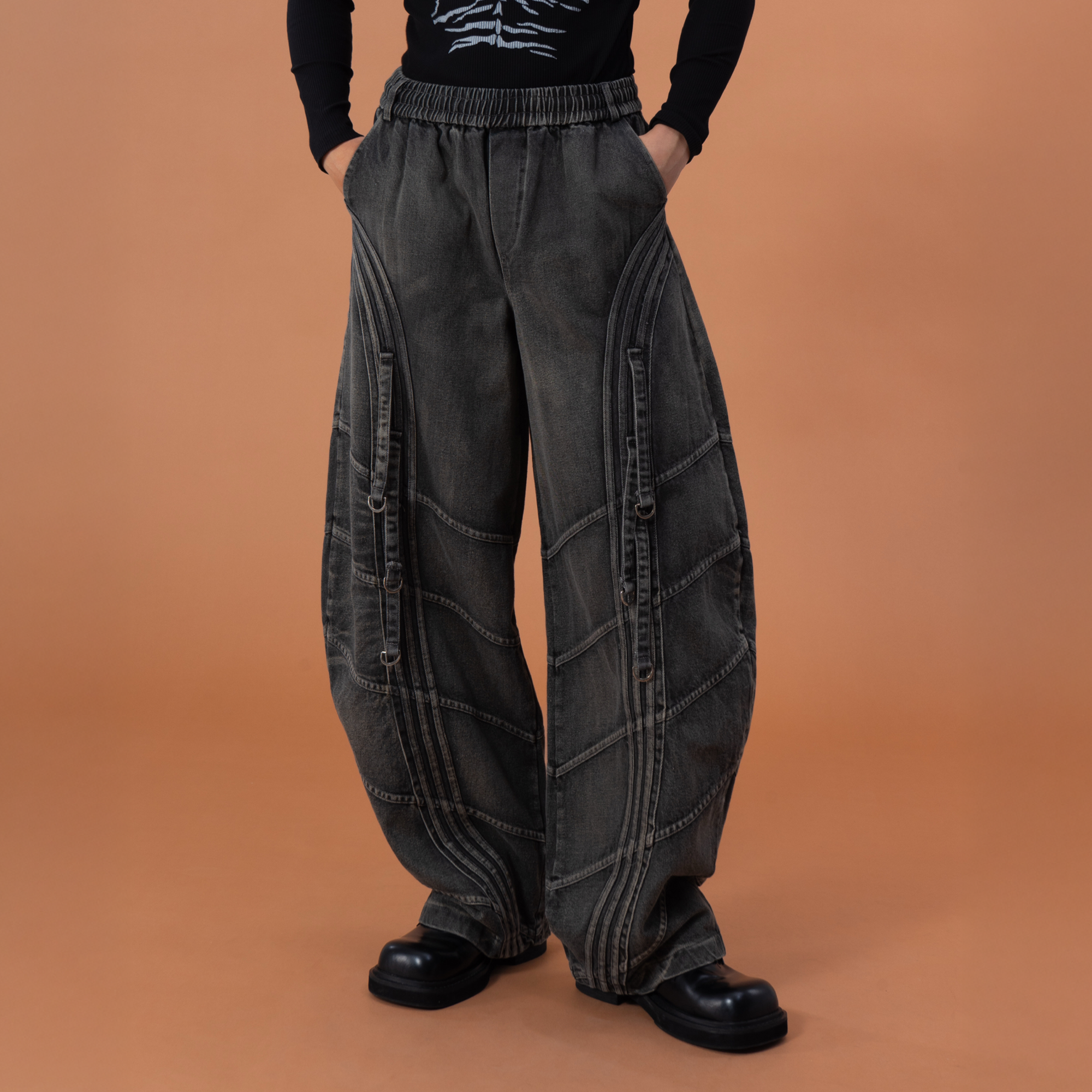 CLP Washed Arc Panel Strap Wide-Leg Jeans