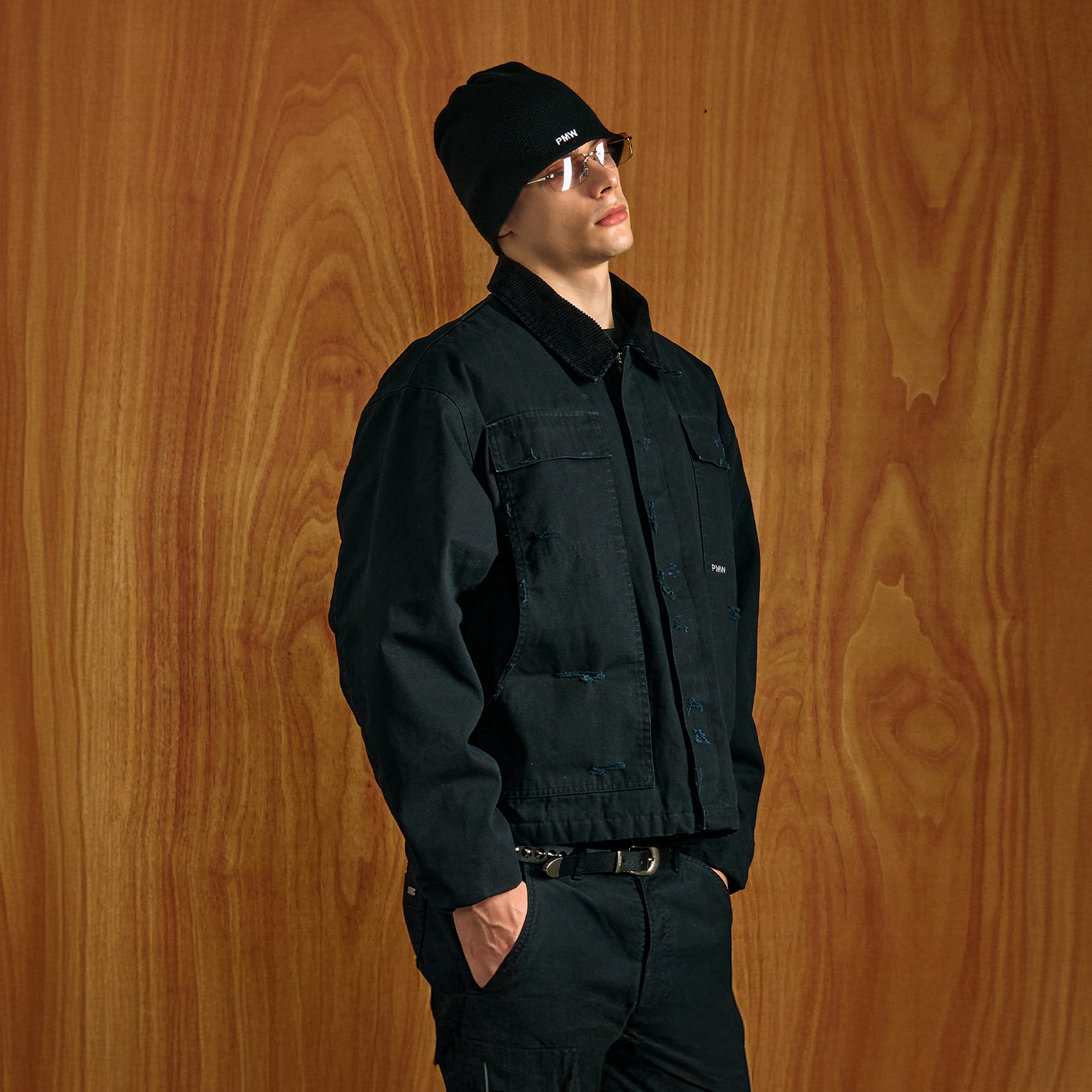 PMW Washed Distressed Corduroy-Collar Jacket