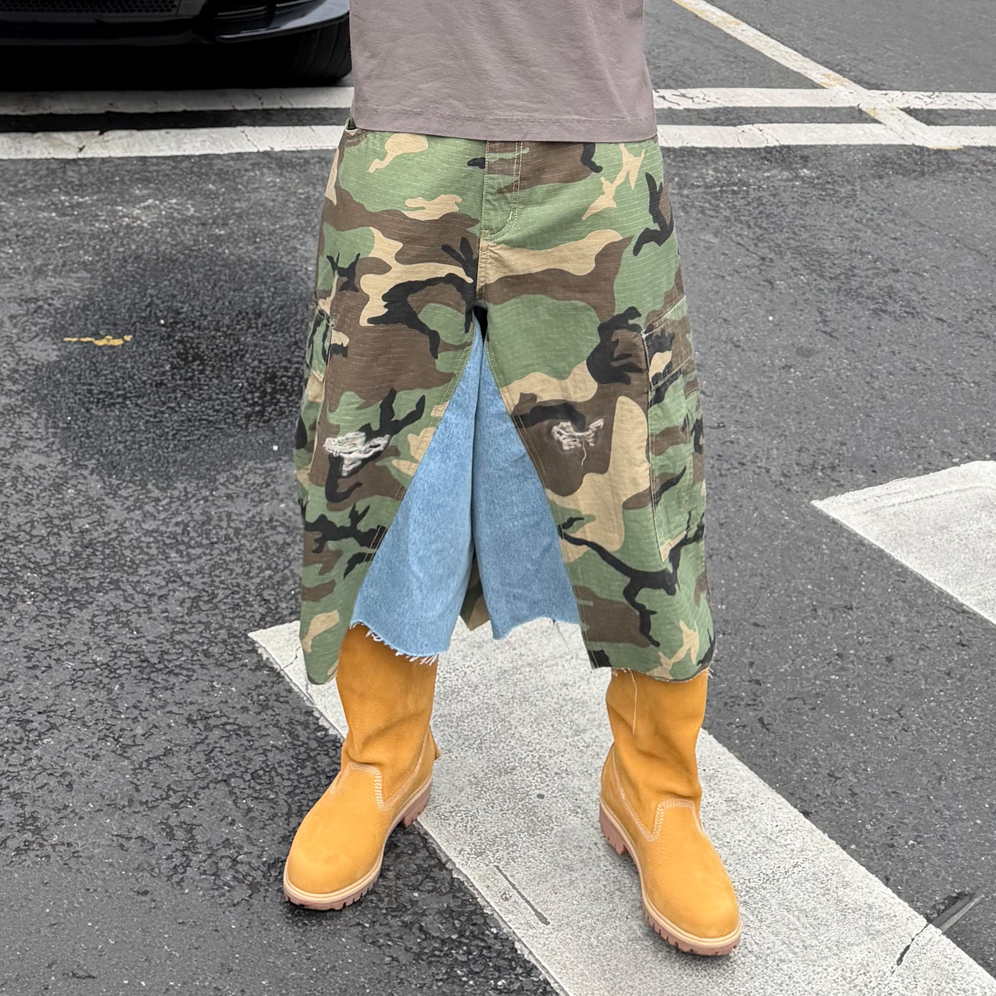 STEEPC Camo Distressed Denim Paneled Cargo Shorts