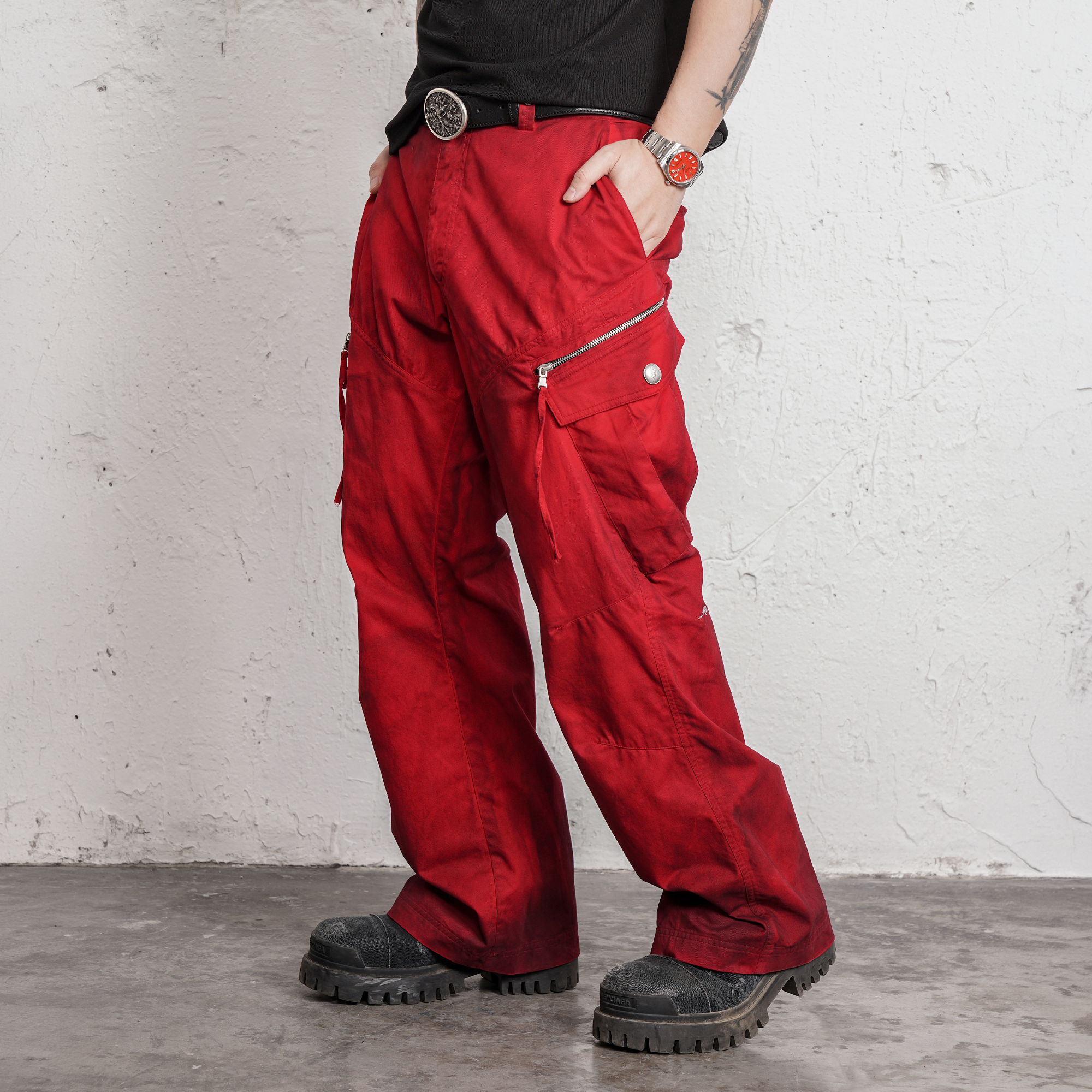 UNDERWATER Burnt Red Dirty-Dyed Moleskin Cargo Pants, premium urban and streetwear designers apparel on PROJECTISR.com, UNDERWATER