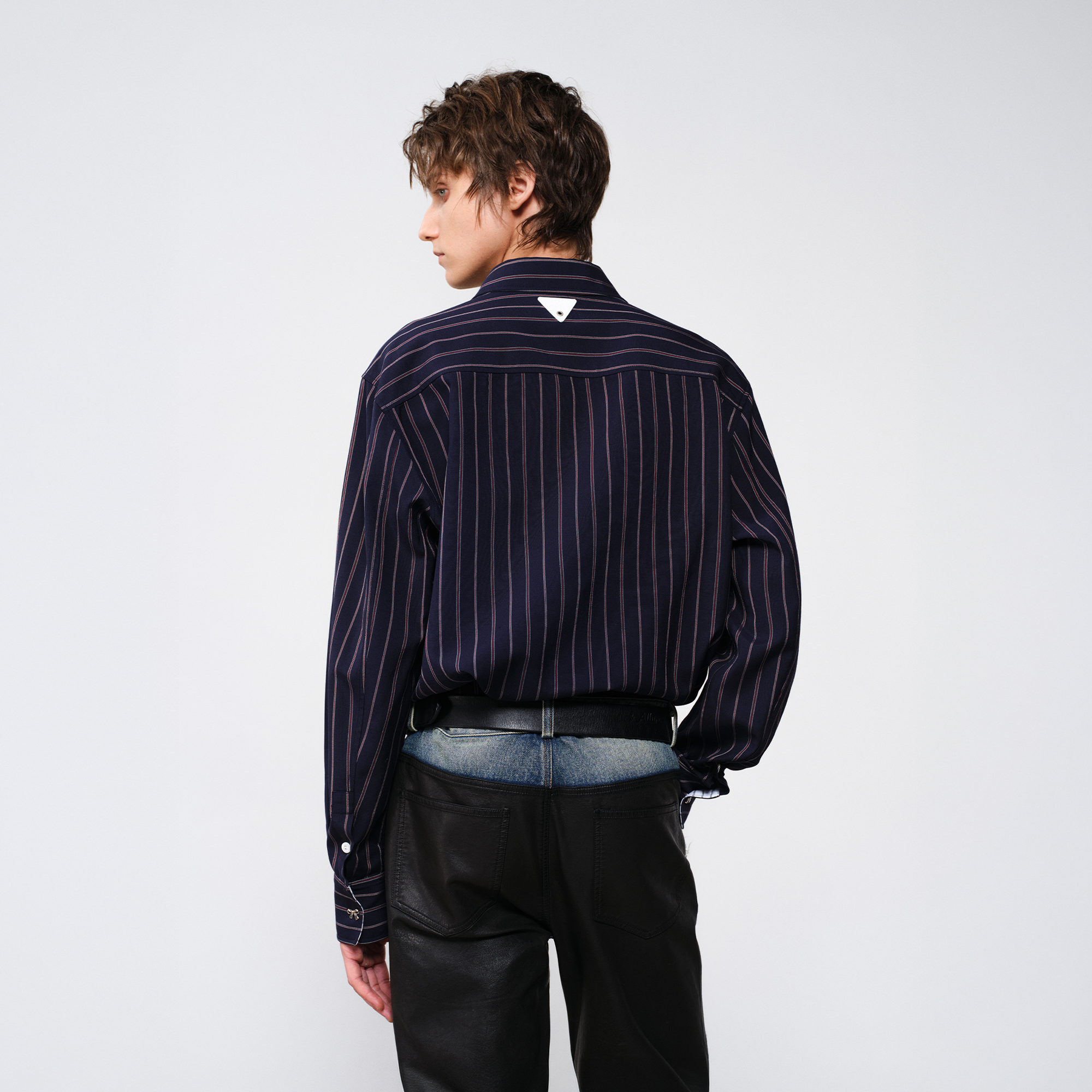 FACEONLAB Striped Spliced Embroidered Wide-Collar Shirt