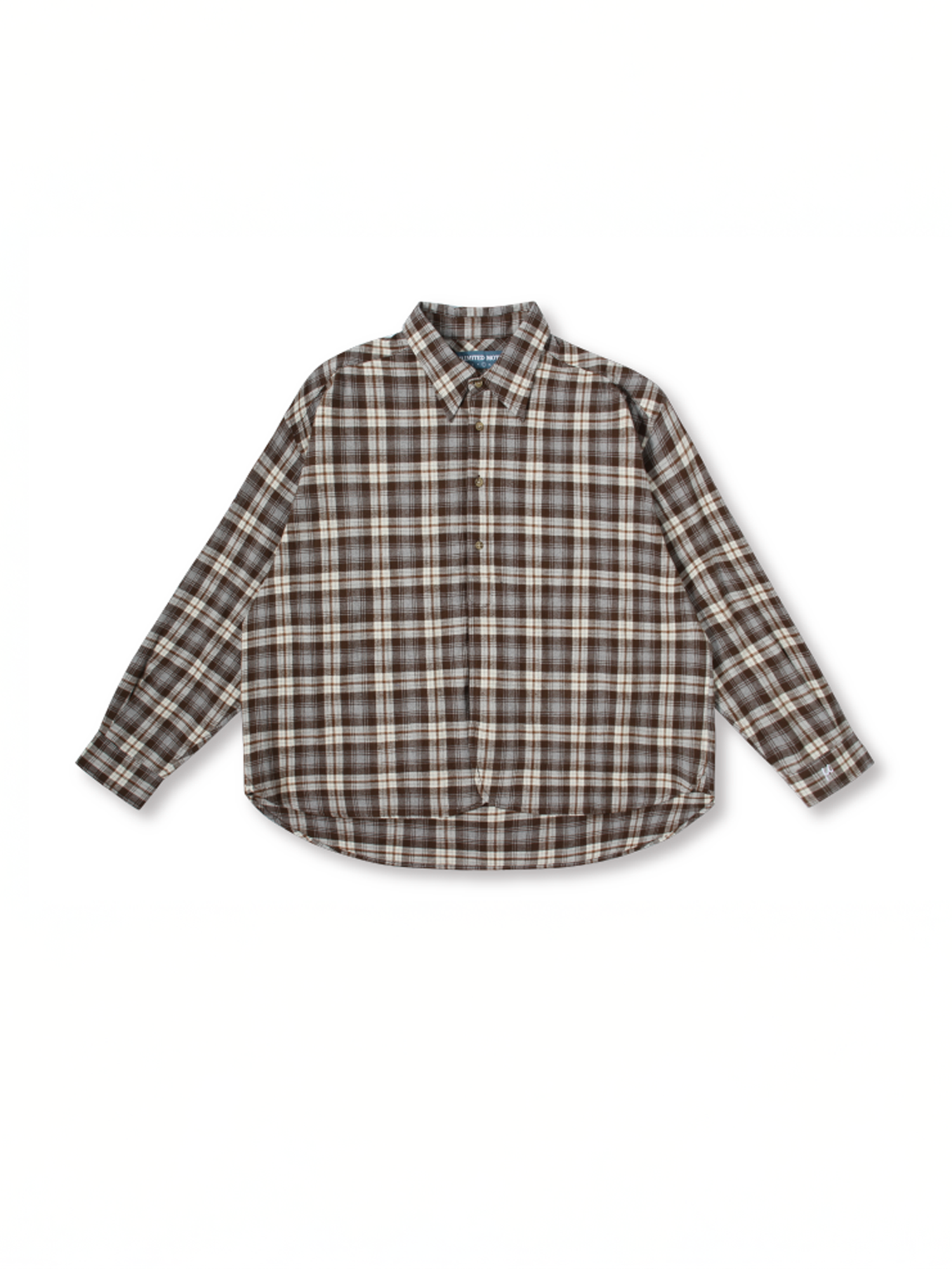 UNLIMITED MOTE Plaid Oversized Half-Open Collar Shirt Brown