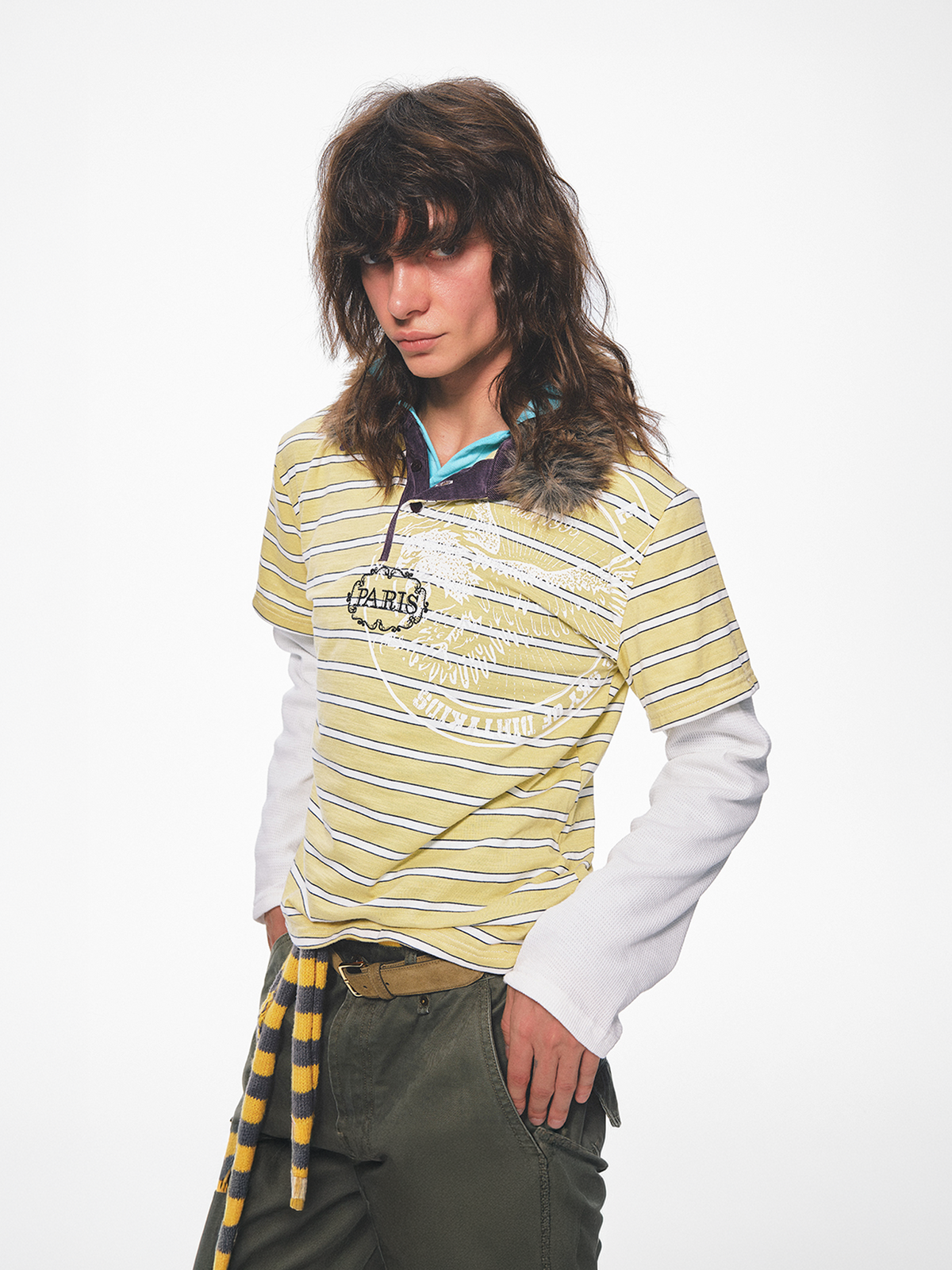 TRECLUB Fur-Collar Embroidered Striped Layered Long-Sleeve Tee