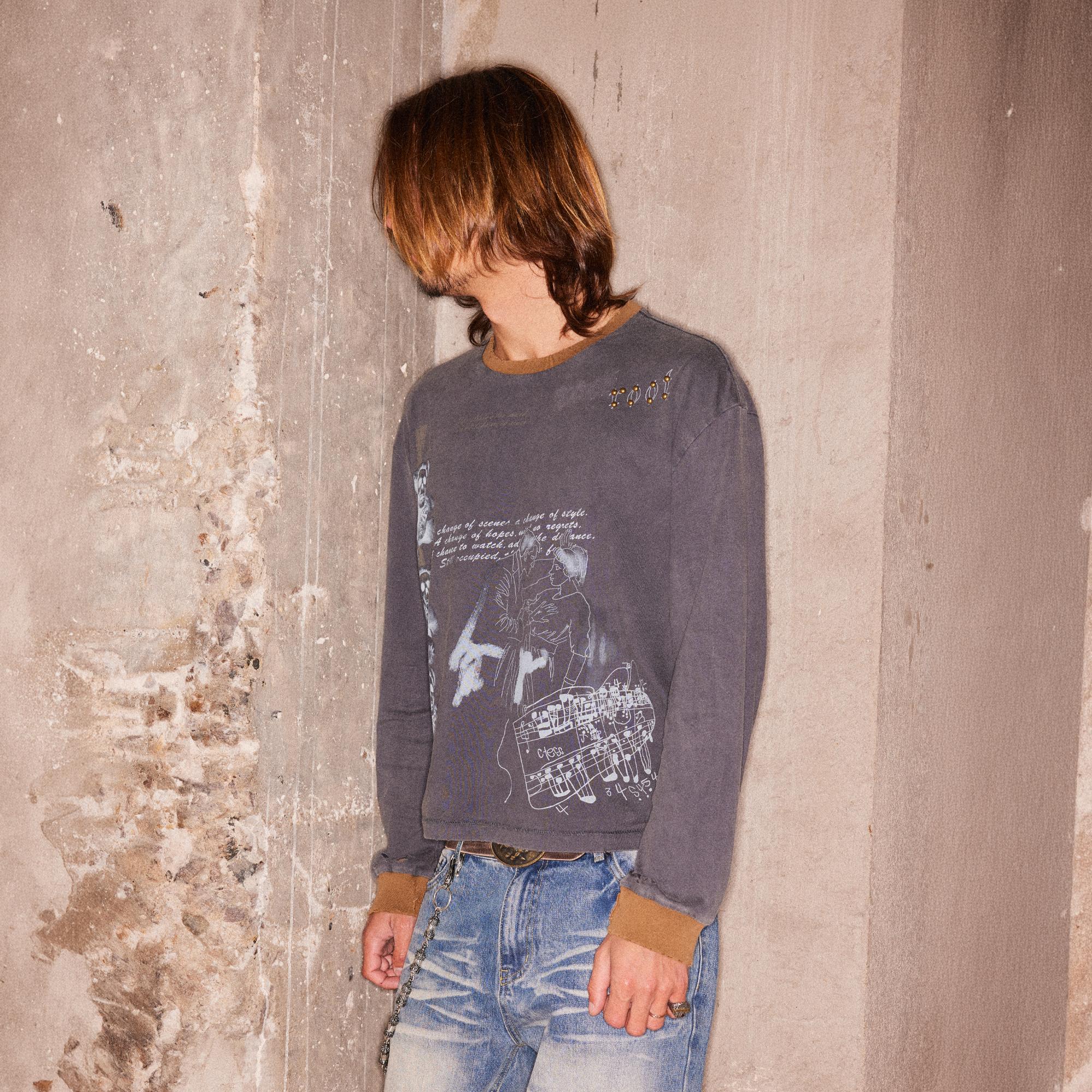 RICHILL Studded Washed Graphic Long-Sleeve Tee, premium urban and streetwear designers apparel on PROJECTISR.com, RICHILL