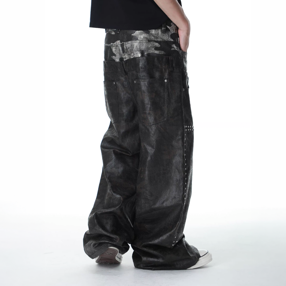 SEXXDEVIL Camo Washed Spliced Studded Jeans
