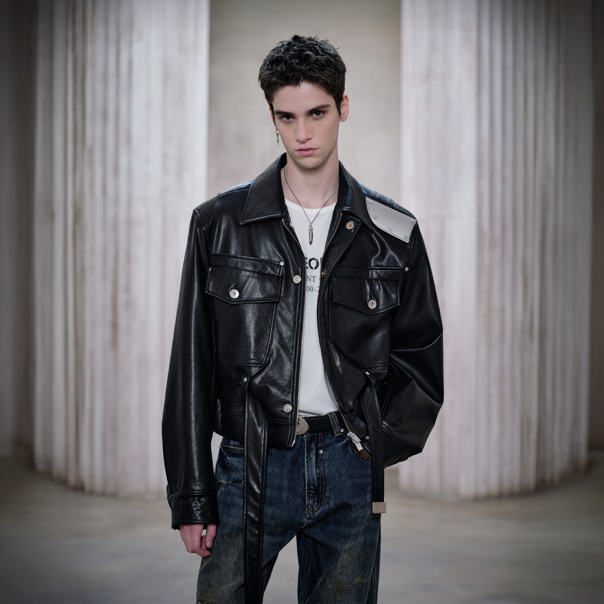 FACEONLAB Metal Epaulettes Belted Faux Leather Jacket Black