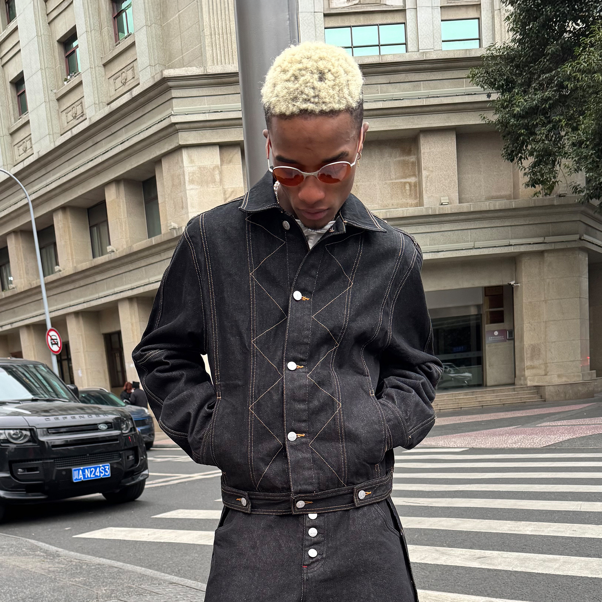 STEEPC Reversed-Panel Raw Denim Cropped Jacket