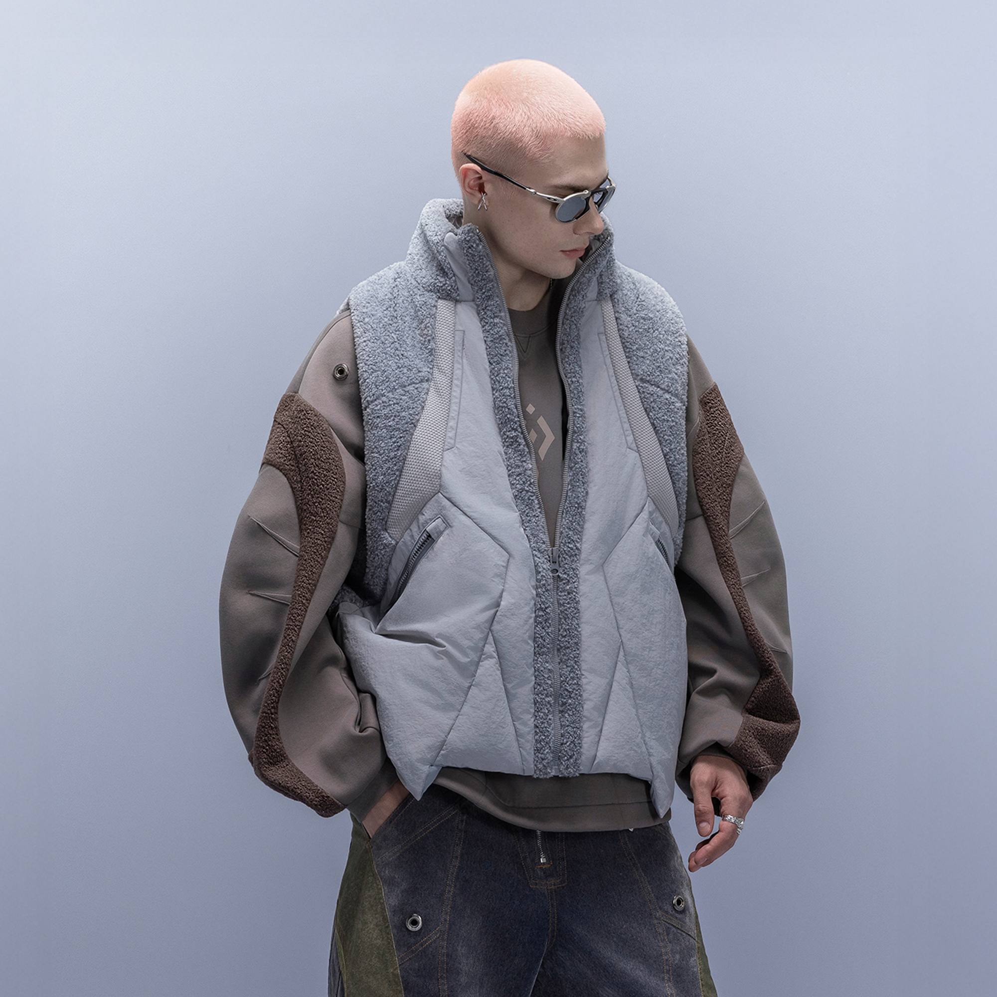 XIPHEVIL High-Neck Fleece-Panel Vest Dark Gray