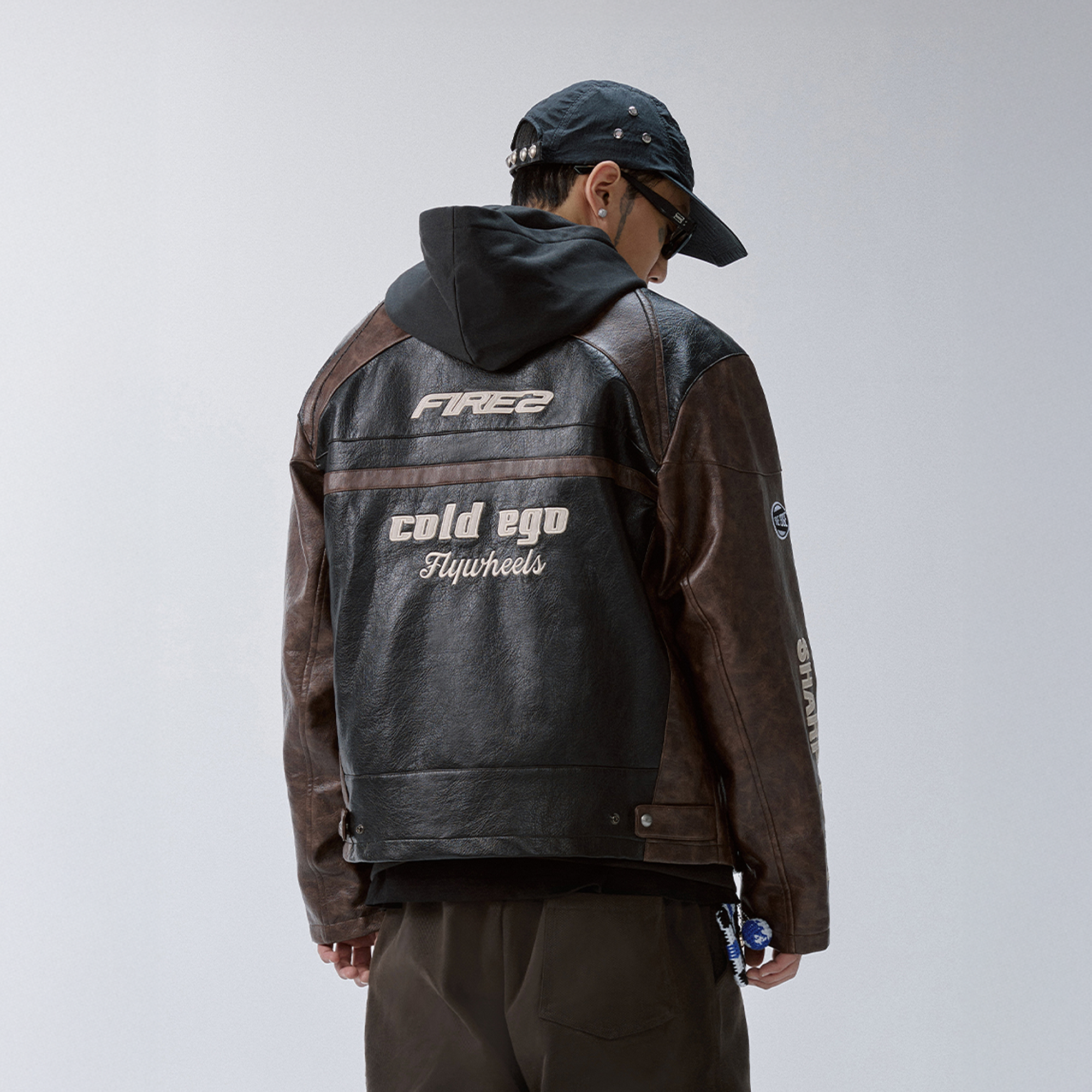 F2CE Retro Embroidered Patch PU Moto Jacket