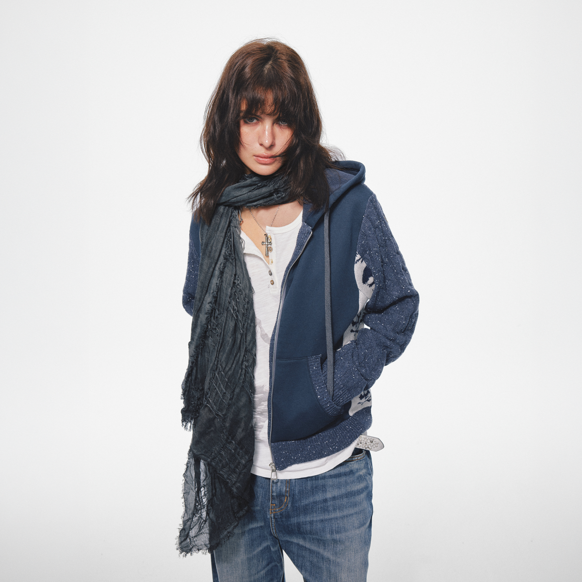 TRECLUB Skull Graphic Spliced Zip-Up Knit Hoodie