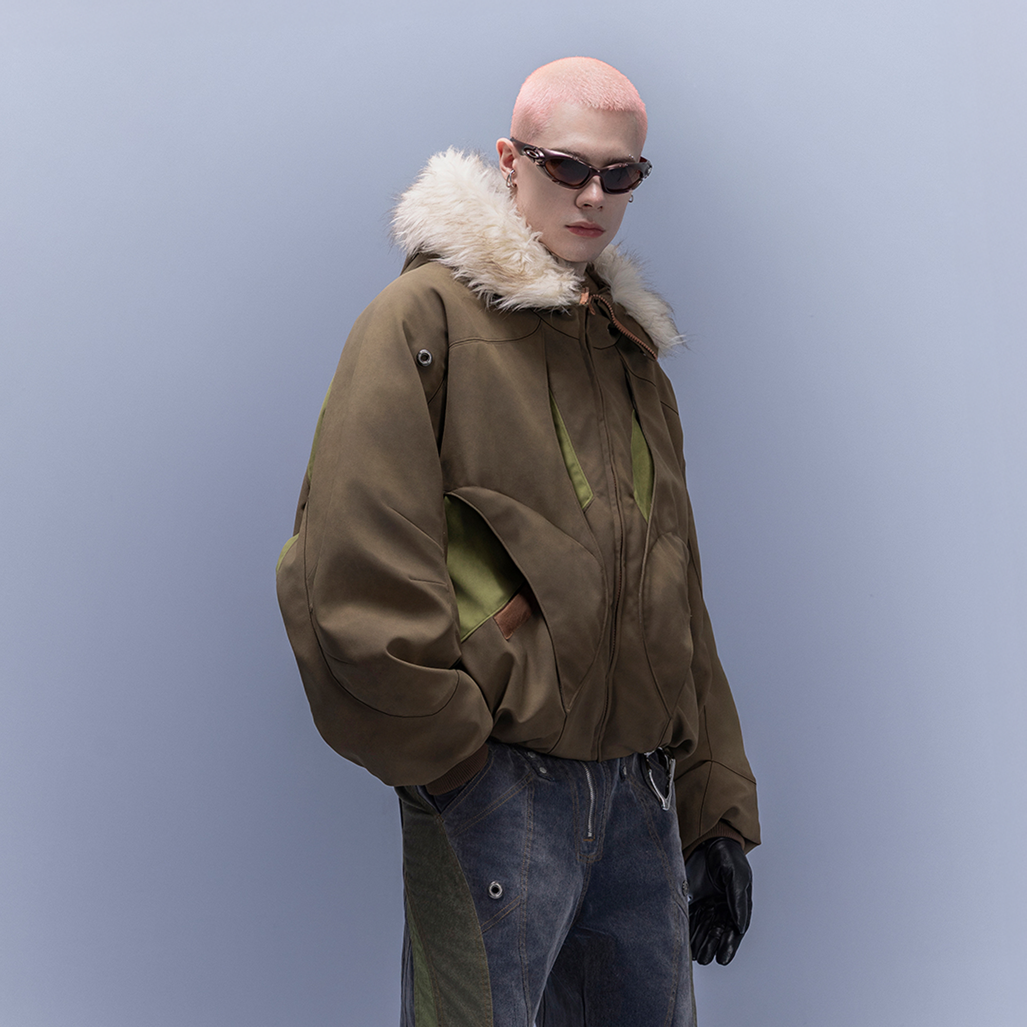 XIPHEVIL Faux Fur Trim Panel Puffer Jacket