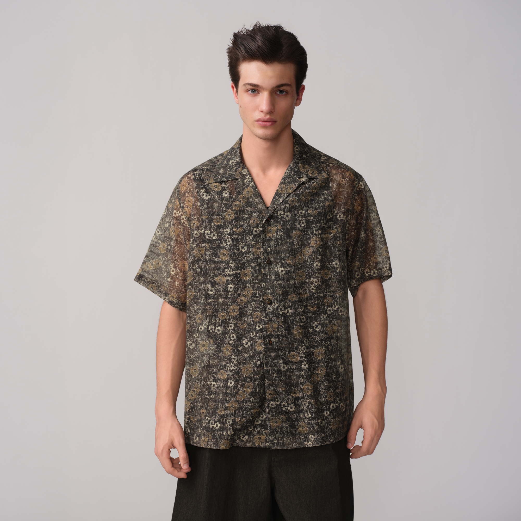 OPICLOTH Shadow Floral Cuban Collar Half Shirt