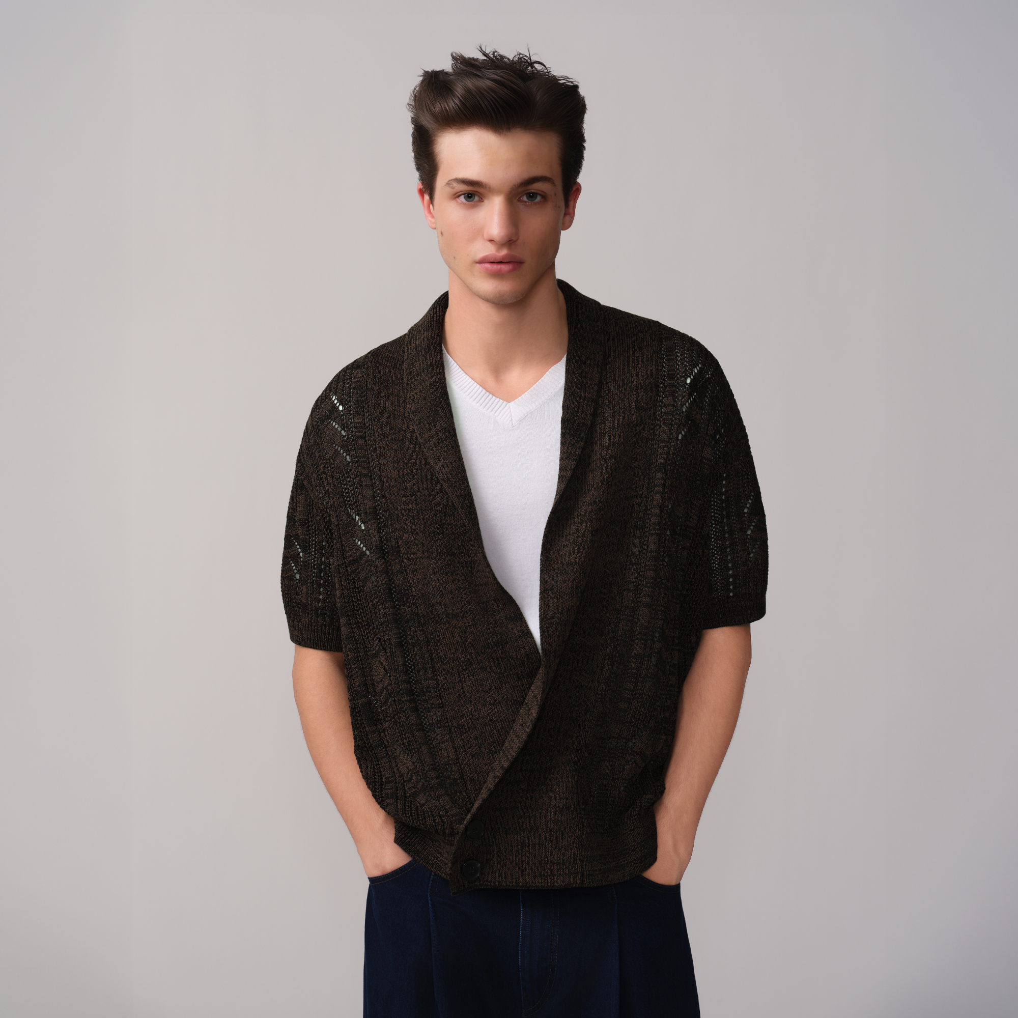OPICLOTH Retro Shawl Collar Open-Knit Short-Sleeve Cardigan, premium urban and streetwear designers apparel on PROJECTISR.com, OPICLOTH