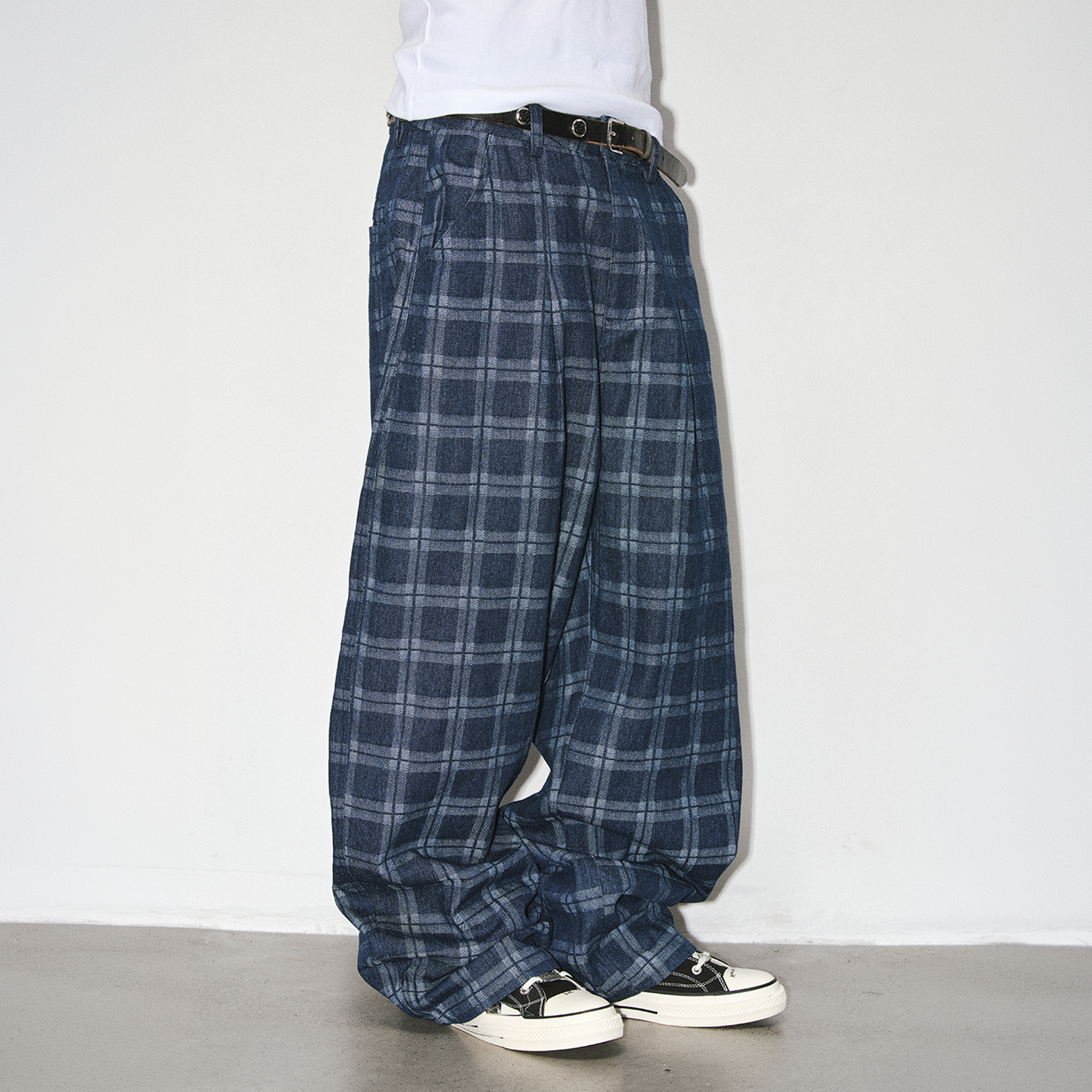 NOVACAM Retro Plaid Wide-Leg Jeans