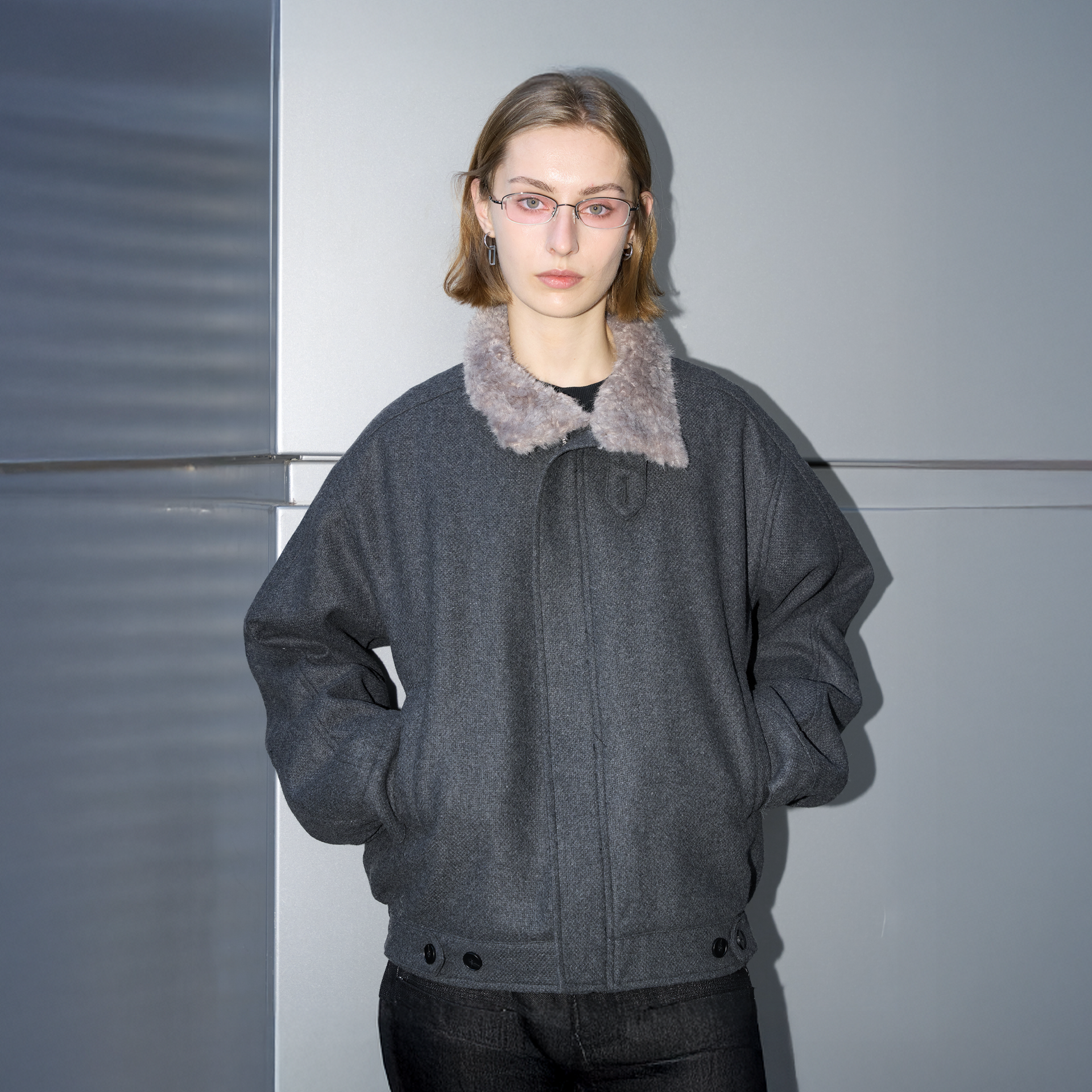 LABELROOM Modern Faux-Fur Collar Wool Jacket Gray