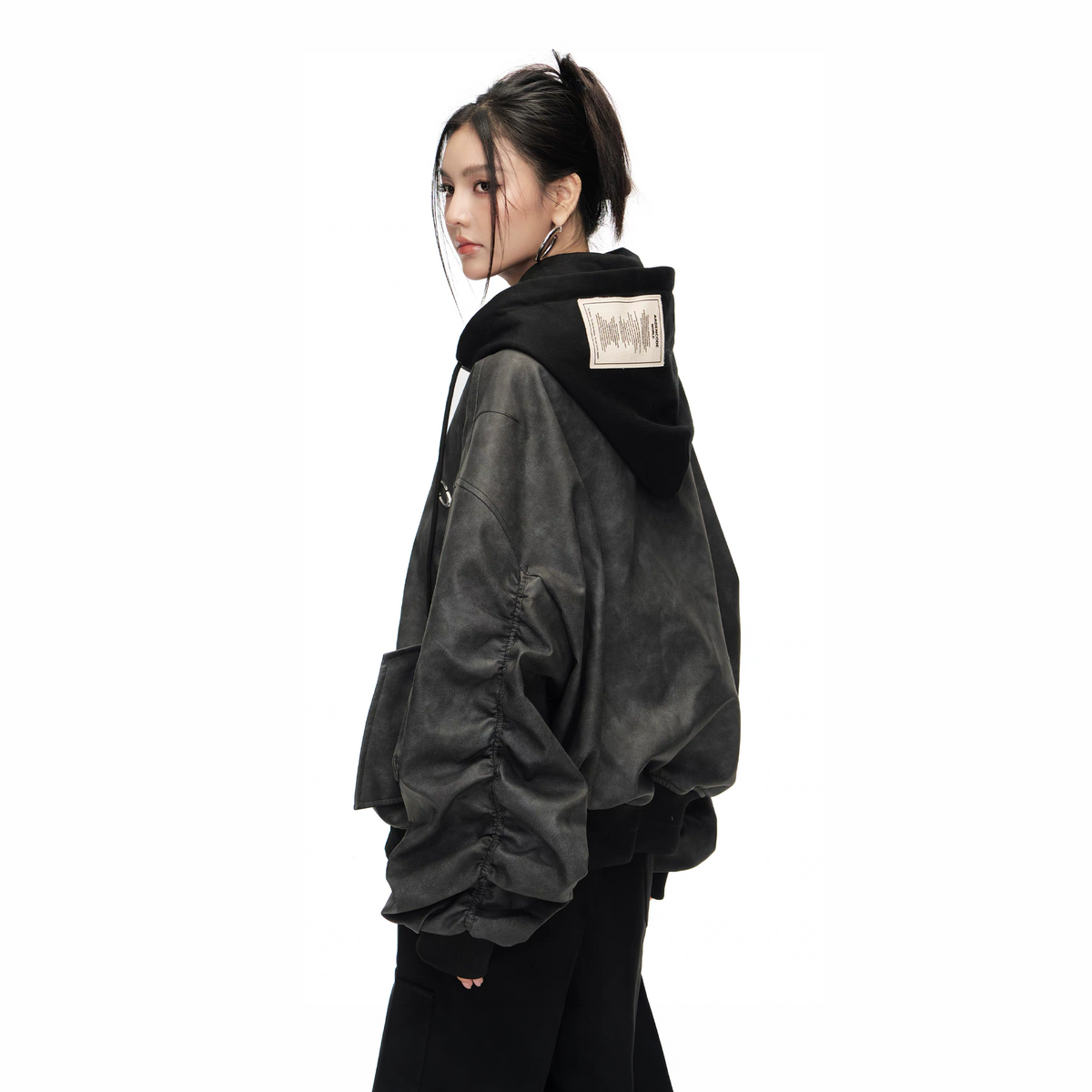 ARDENCODE Oversized Hooded Faux Leather Bomber Jacket, premium urban and streetwear designers apparel on PROJECTISR.com, ARDENCODE